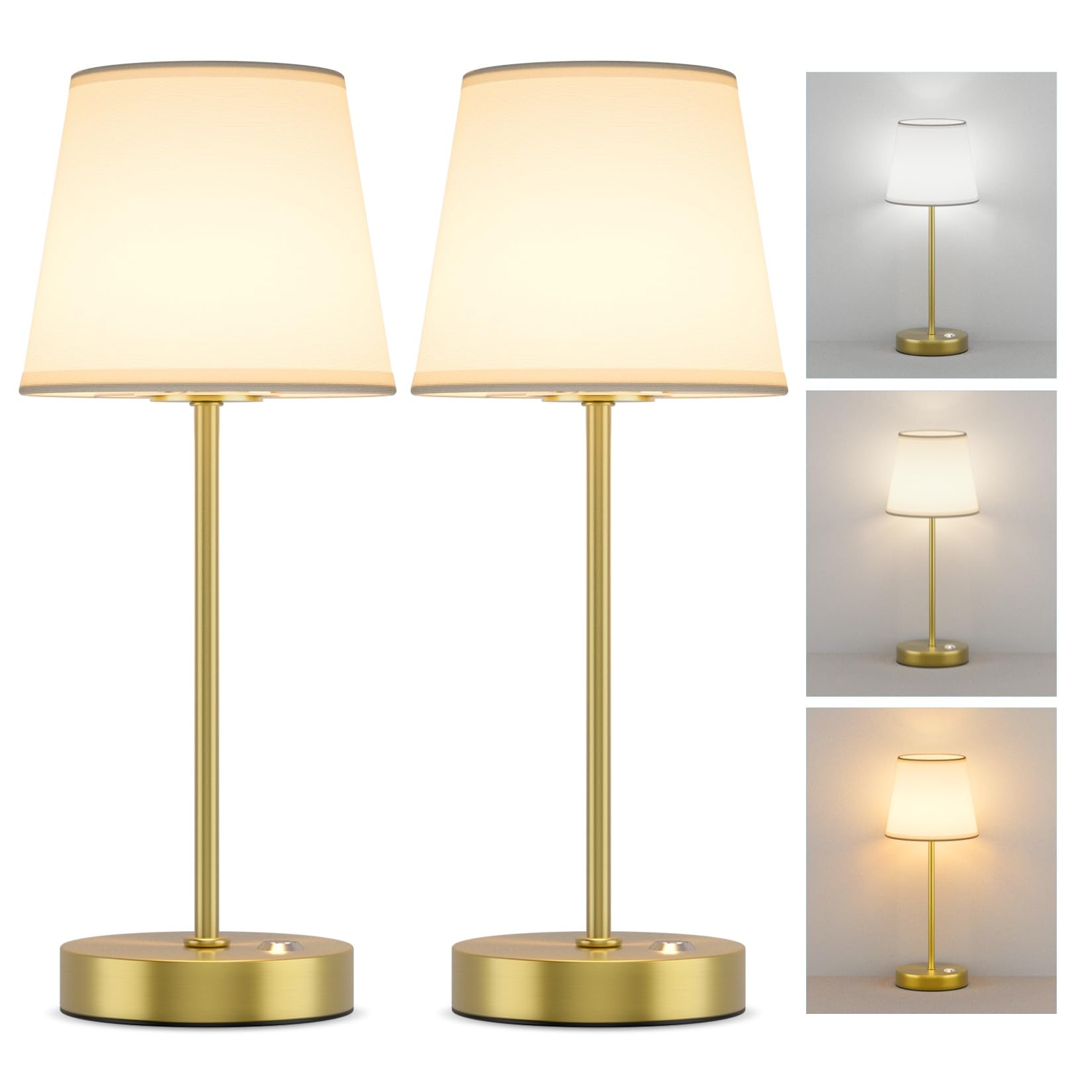 Irotine 2 Pack Cordless Led Table Lamps, Battery Operated Fabric Shade Desk Lamp, 3 Color Stepless Dimmable Rechargeable Lamp For Dinner/Restaurant/Bedroom/Bars/Camping(Gold)