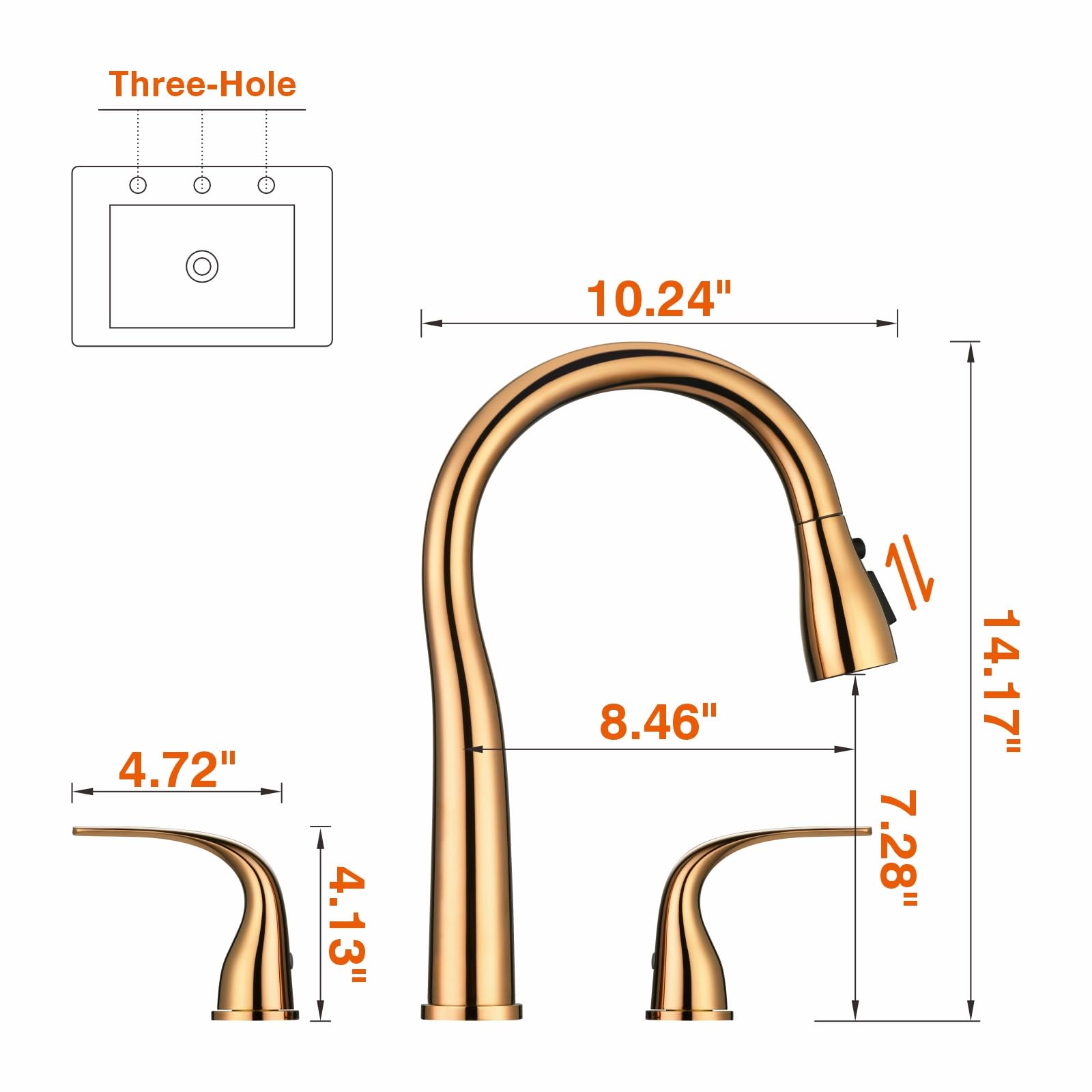 Rulia Kitchen Faucet, 2 Handles Kitchen Sink Faucet, 3 Holes Sink Faucet, Pull Down Kitchen Faucets, Bar Kitchen Faucet, Copper Rose Gold, Stainless Steel, Rb1072