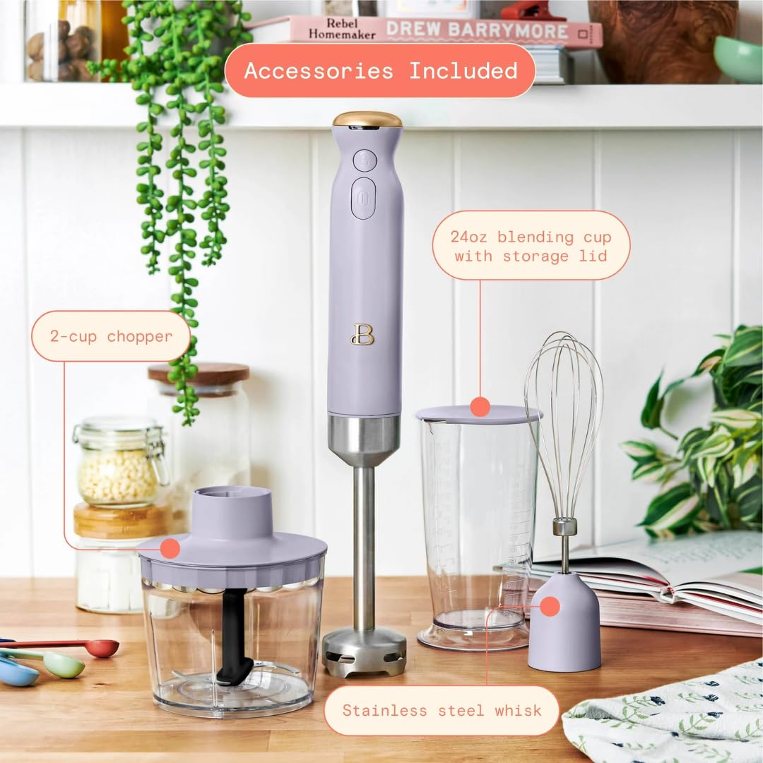 Uniqus Beautiful Cordless Immersion Blender, 2-Speed Handheld Mixer With Attachments, Stainless Steel Shaft, Rechargeable Battery (Lavender)