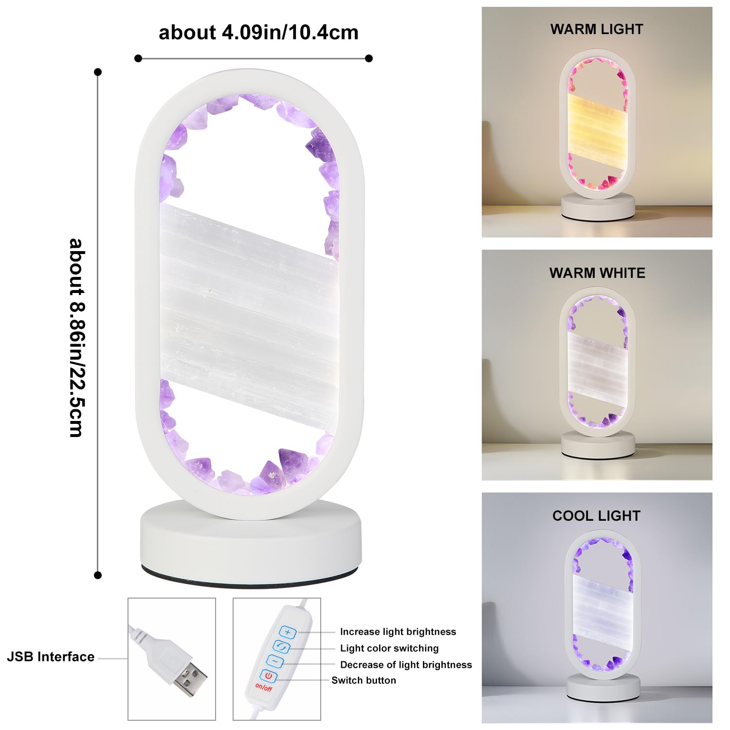 Gc Quill Natural Amethyst And Selenite Crystal Healing Night Table Lamp –3-Color Dimmable Mood Lighting For Meditation Relaxation And Restful Sleep, Purple Crystal Bedroom Decor
