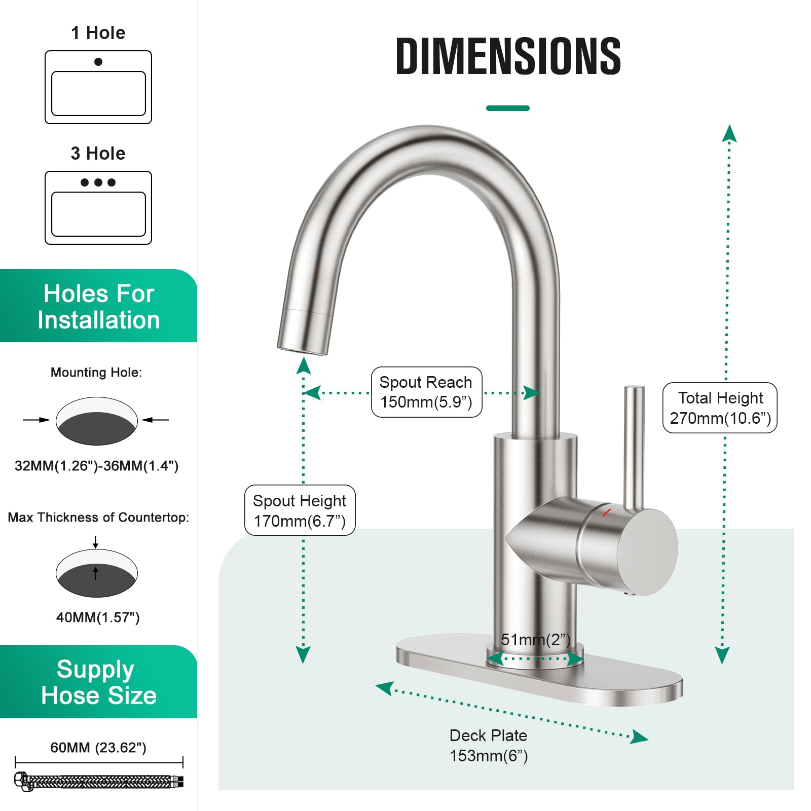 Crea Bar Sink Faucets 1 Hole Single Handle Small Kitchen Faucet 360° Swivel High Arc Brushed Nickel Stainless Steel Mini Wet Bar Faucet Outdoor Rv Laundry Pre Sink Faucet 3 Hole Deck Plate
