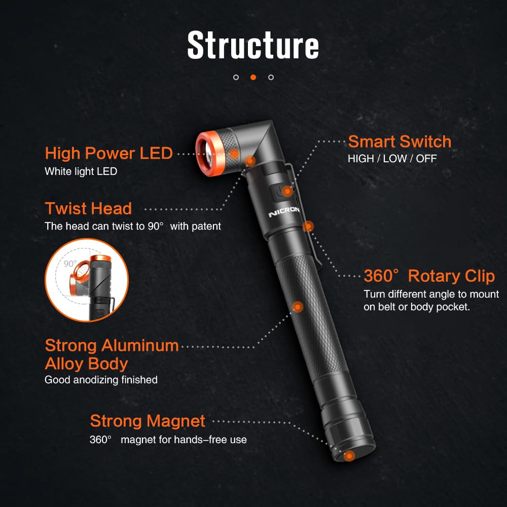 Nicron B73R Pen Flashlights 90 Degree Rotatable Flashlight 300 Lumen 4 Modes With Sos Rechargeable Flashlight, Ipx4 Waterproof, Magnetic Light For Work,Repair, Emergency
