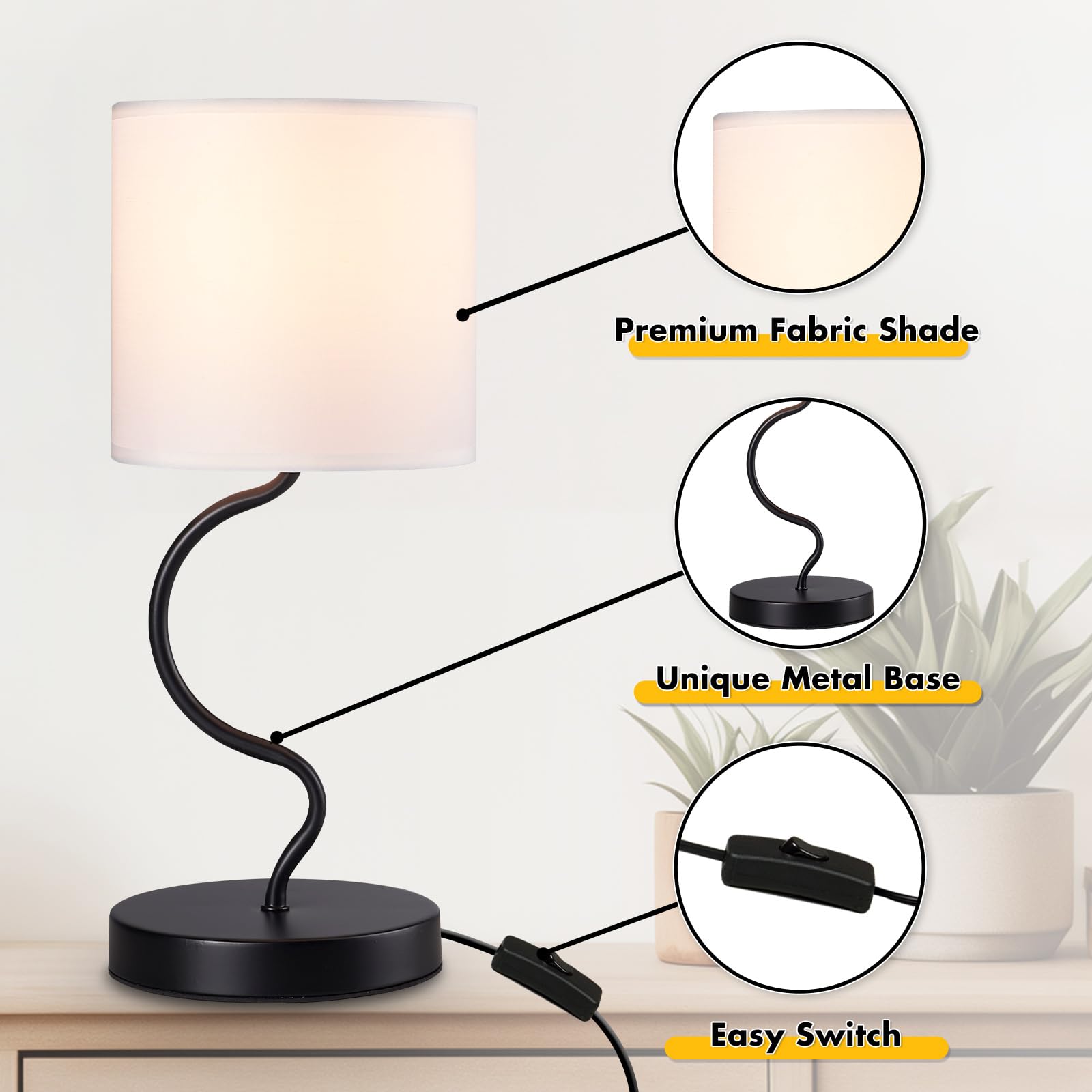 Hamilyeah Table Lamps Set Of 2, Bedside Lamps For Nightstand With On/Off Switch, Modern Lamps With Fabric Shade, Simple Lamps For Bedroom, Living Room, Home Office