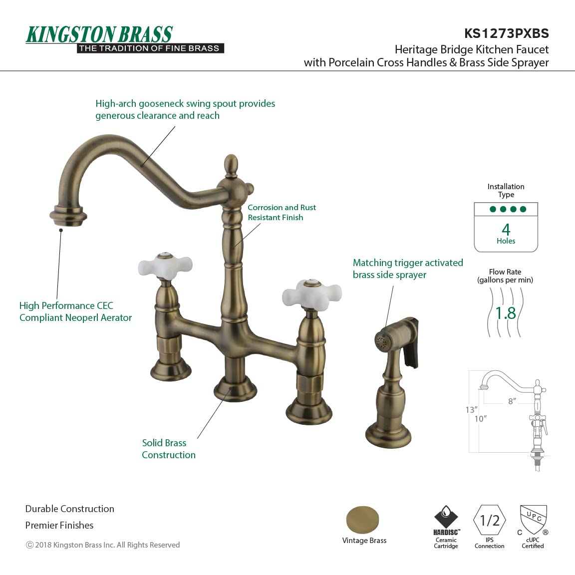 Elements Of Design Kingston Brass Es1273Pxbs  Orleans 8' Center Kitchen Faucet With Side Sprayer, 8-3/4', Vintage Brass