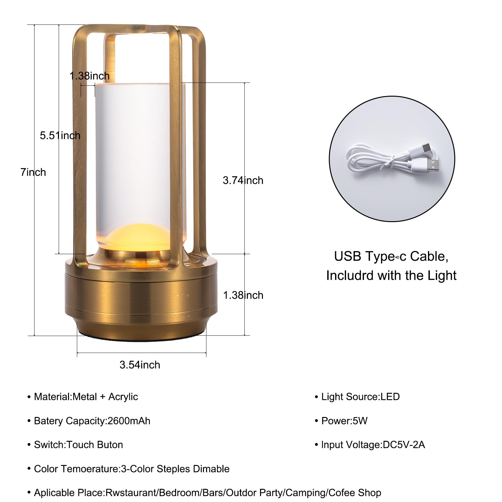 Yoohipuy Cordless Table Lamps,Night Table Lamp 3 Colors Stepless Dimming, 2600Mah Rechargeable Battery Led Desk Lamp For Bedroom/Couple Dinner/Desk/Cafe/Dining Room/Terrace (Gold)