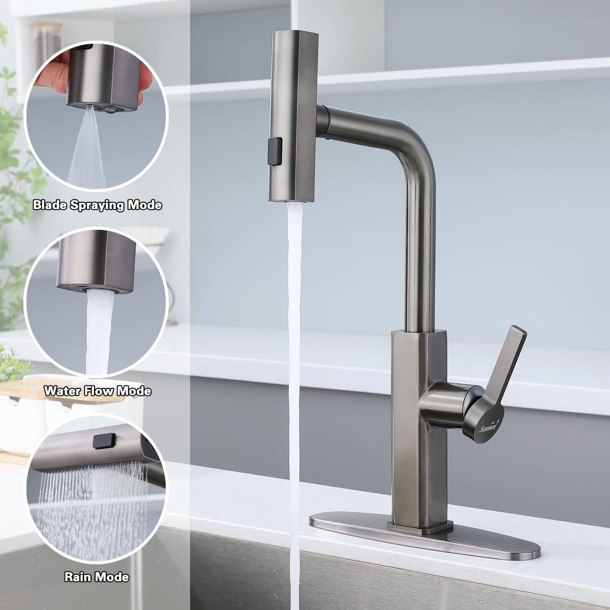 Stanford Premium Stainless Steel Faucet For Kitchen Sink,Kitchen Faucets For Sink With Sprayer, 3 Spray Modes, Longer 59-Inch Hose Faucet For Kitchen Sink, Gray