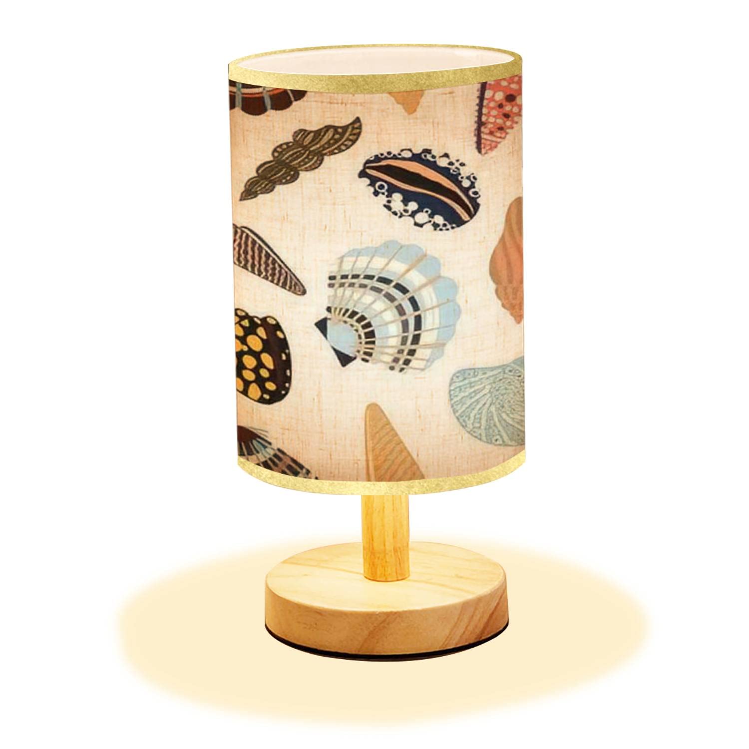 Lopyeijfg Minimalist Bedside Table Lamp Sea Shells Fossils Mollusks Seamless Summer Beach Hand Drawn Seaside Wood Nightstand Lamp Bedside Desk Lamp Wood Base Flaxen Fabric Shade For Bedroom Living Room