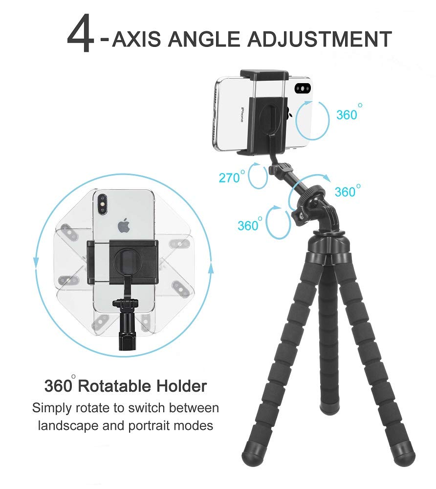 Cellways Phone Tripod, Flexible Tripod, 4-Axis Angle Adjustment, Unique 360° Rotating Holder, Sturdy Octopus-Style Legs, And Wireless Remote Shutter For Iphone, Android Phone, Dslr Camera, And Gopro.