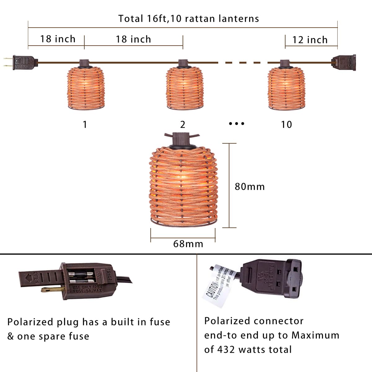 Maindeco Natural Rattan String Lights, 10 Rustic Raffia Cage,16 Ft Plug In & Connectable Wicker Lights, Rustic Farmhouse Style For Room,Garden,Deck,Patio Decorations, Natural Color