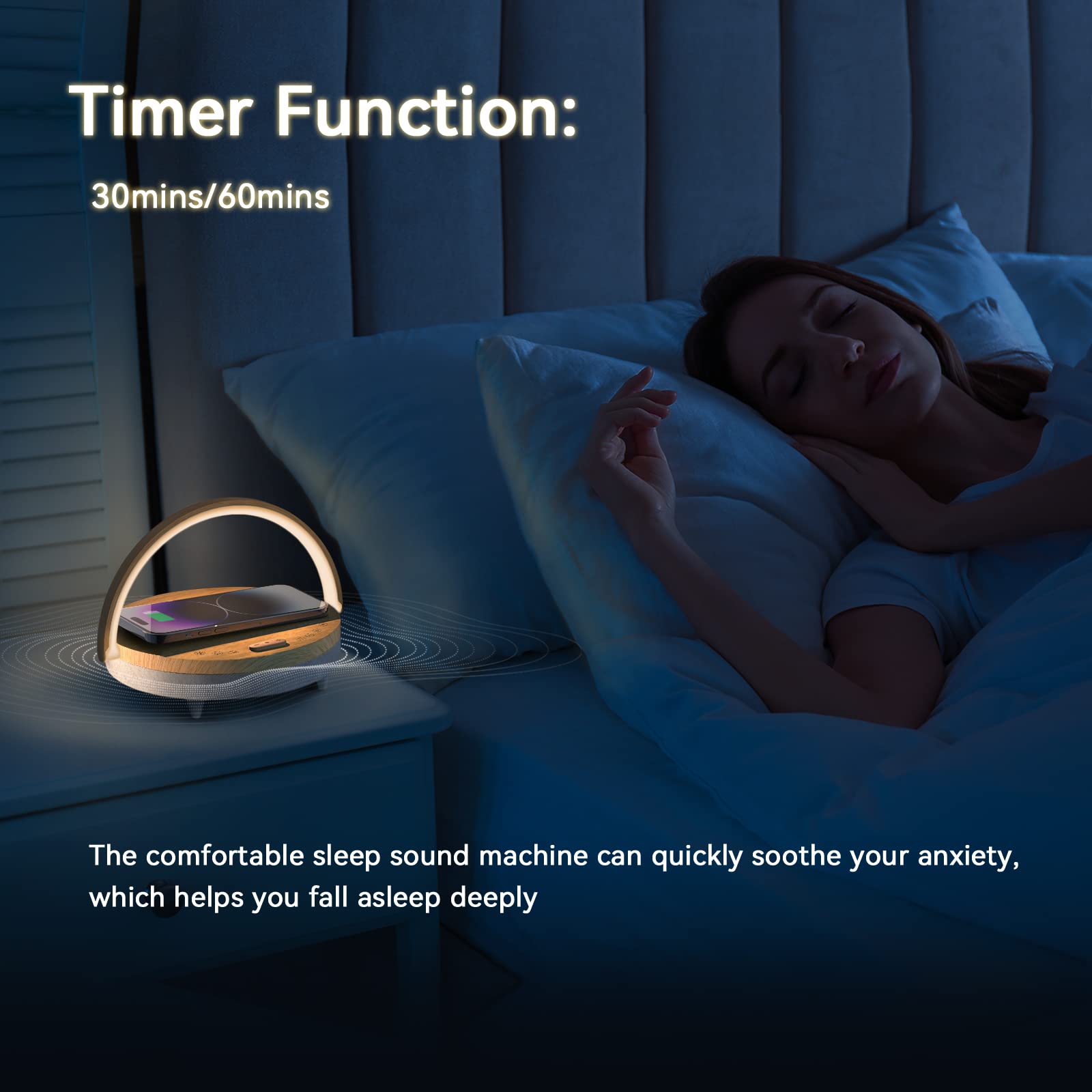 Vivilumens Bedside Table Led Night Light With Wireless Charger Bluetooth Speaker, Desk Lamp As Sleep Aid White Noise Machine Phone Holder, Great For Women(White Noise )