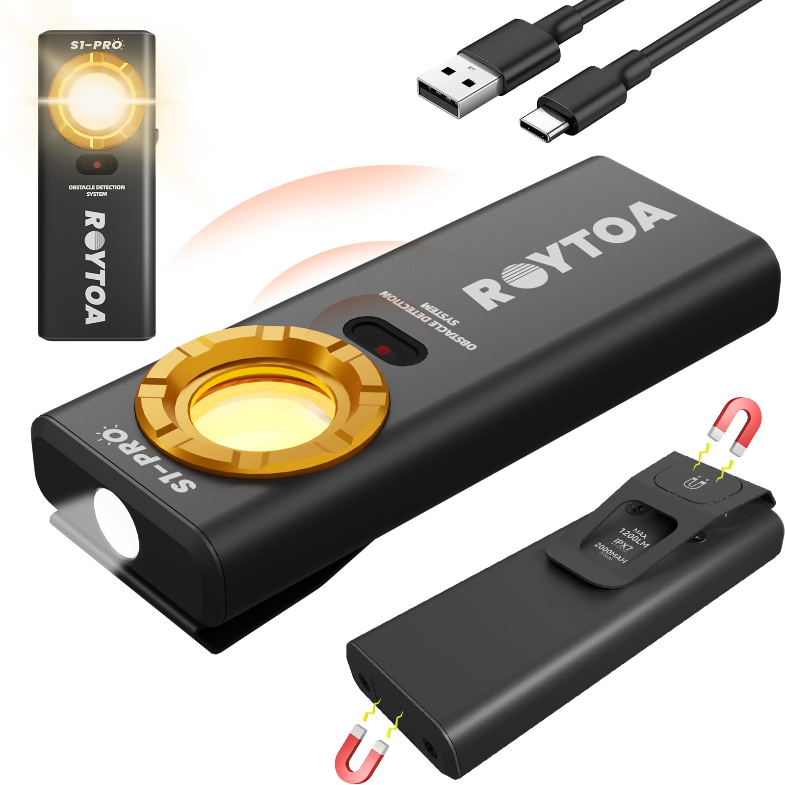 Roytoa Rechargeable Work Light, 1200 Lumens Edc Slim Flat Flashlight With Magnetic Base&Back,Proximity Sensor,Clip For Pocket, Small Portable For Car Repairs/Inspection/Travel/Hiking/Emergency/Camping