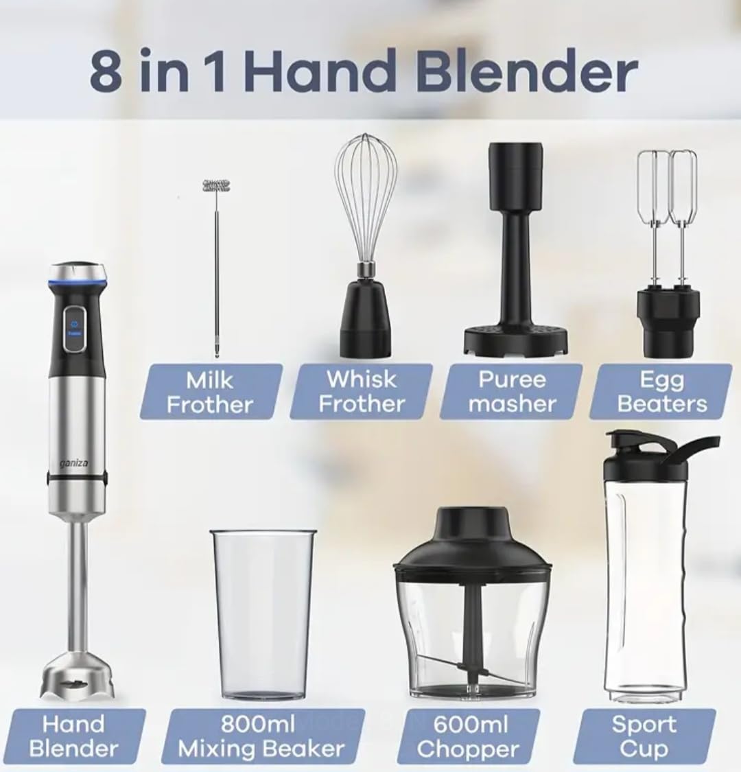 Uniqus 8-In-1 Immersion Hand Blender Set, Electric Food Processor With Chopper, Whisk, Smoothie Cup, Stainless Steel