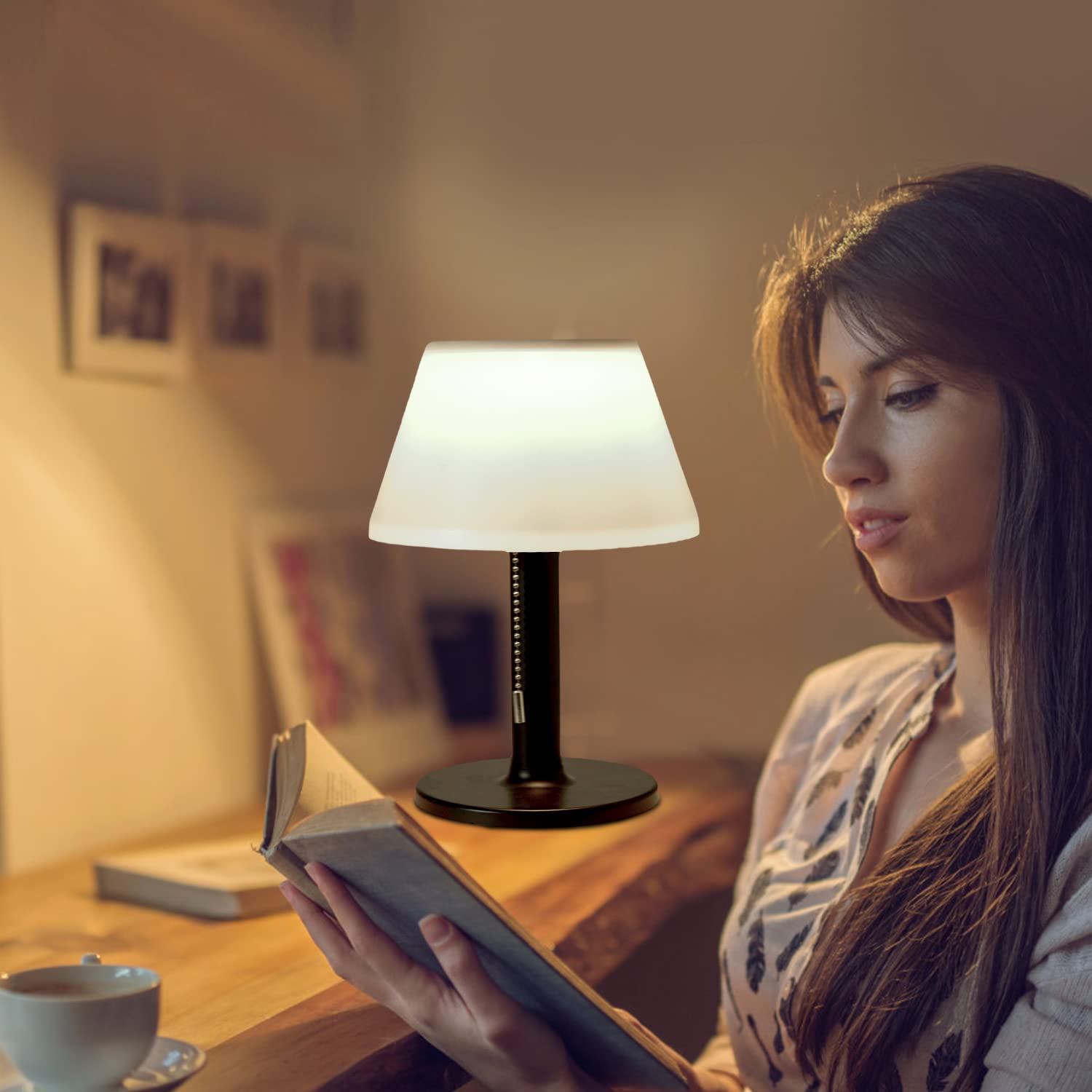 Shumi Led Solar Table Lamp Outdoor Waterproof-3 Way Dimmable Outside Patio Table Lamp,Modern Bedsid Lamp,Cordless Solar Desk Lamp With Pull Chain For Bedroom Living Room,Garden(Black)
