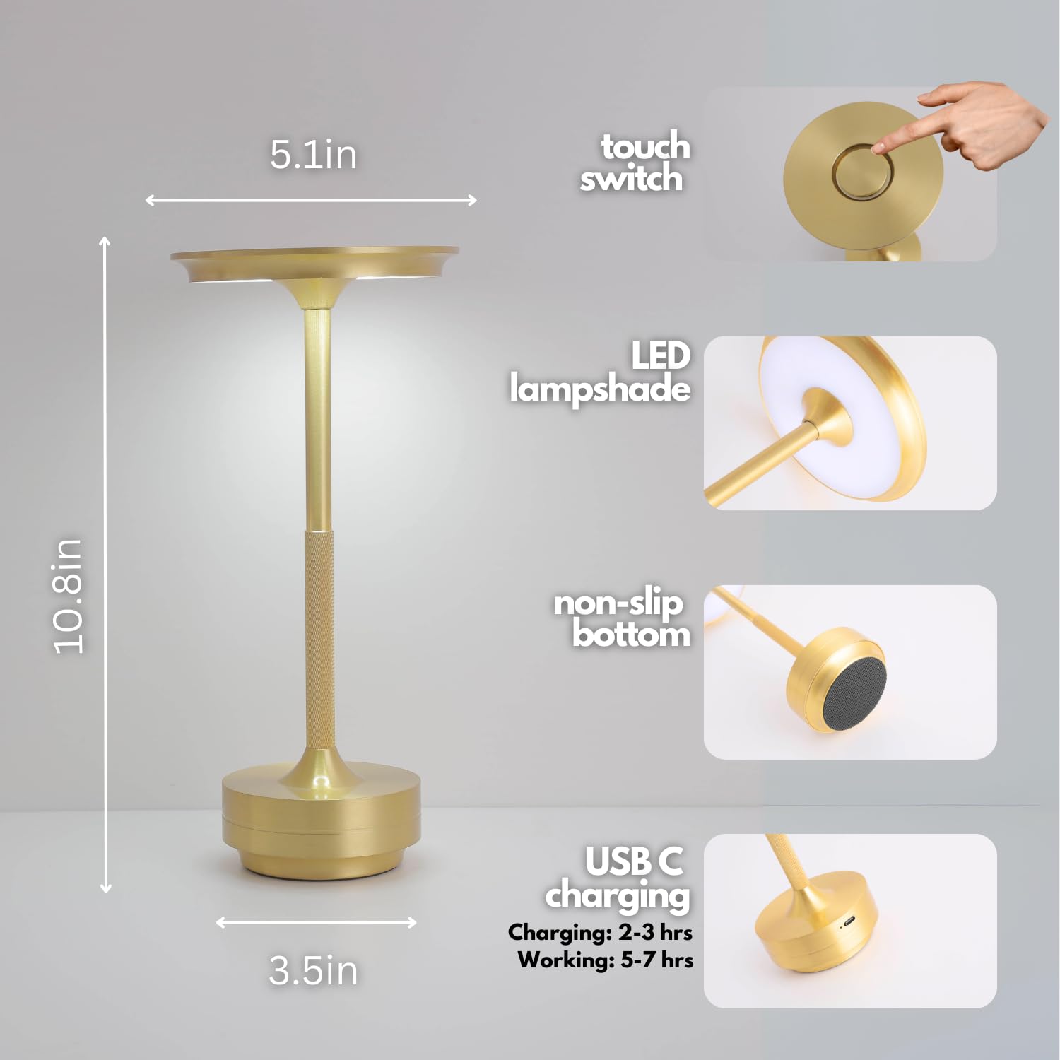 Bulbly Elegant Rechargeable Dimmable Waterproof Metallic Touch Led Cordless Table Lamps For Stylish Homes And Upscale Restaurants - Portable, Usb-C Charging, Perfect For Indoor/Outdoor (Gold)