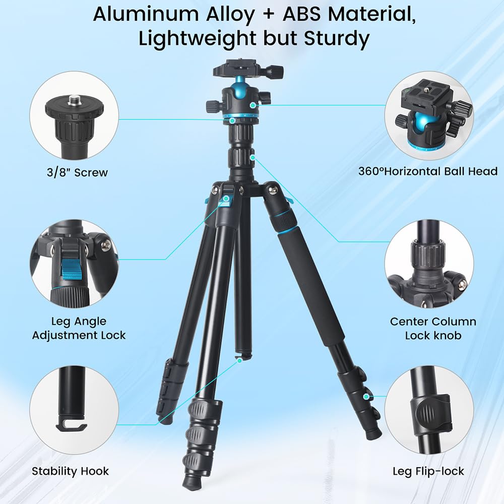 Jafuqaw Camera Tripod,68" / 174Cm Lightweight Travel Tripod & Monopod With 360°Ball Head Payload 15 Lbs,Adjustable Height From 17" To 68" Professional Tripod For Dslr Camera Shooting