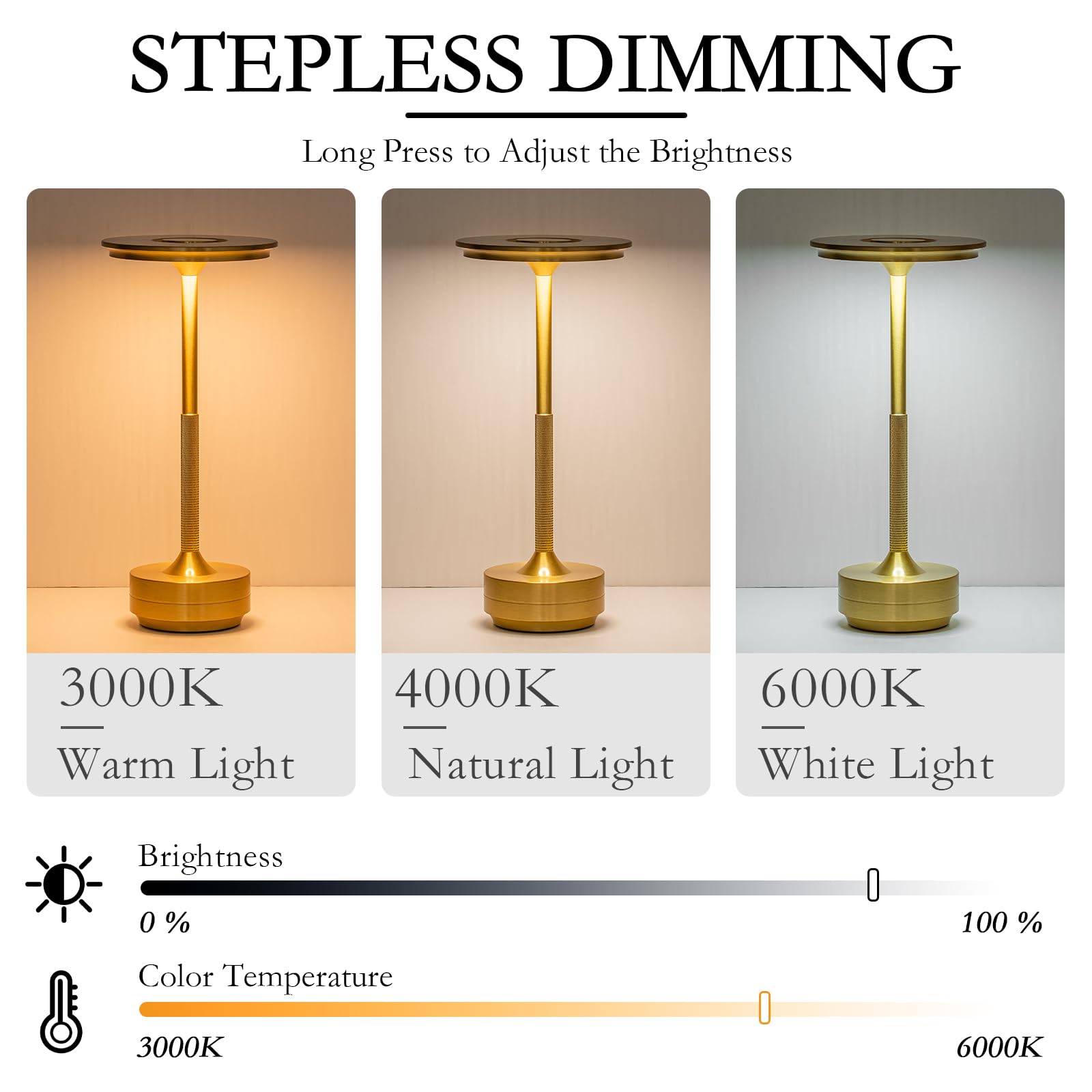 Umlaen Cordless Table Lamp Rechargeable Battery Lamp, 3 Color Stepless Dimmable Touch Lamp, Table Light For Dining Room, Living Room, Bar, Cafe, Restaurant, Patio, Camping, Pack Of 2 (Gold)