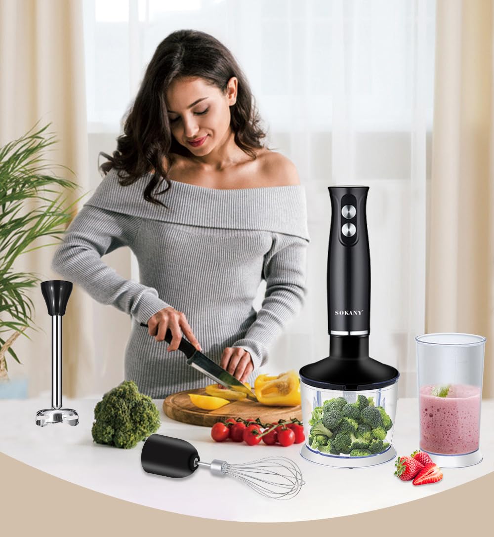 Vovewan 4 In1 Immersion Blender Handheld 304 Stainless Steel Blades, 5 Speed & 3-Angle Adjustable Chopper Beaker Whisk And Beater For Milkshakes Smoothies Soup Baby Food
