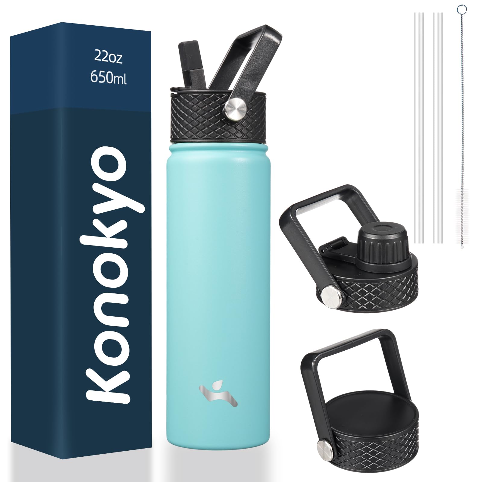 22Oz Stainless Steel Bottles With 3 Lids Sport Insulated Water Bottle,Turquoise