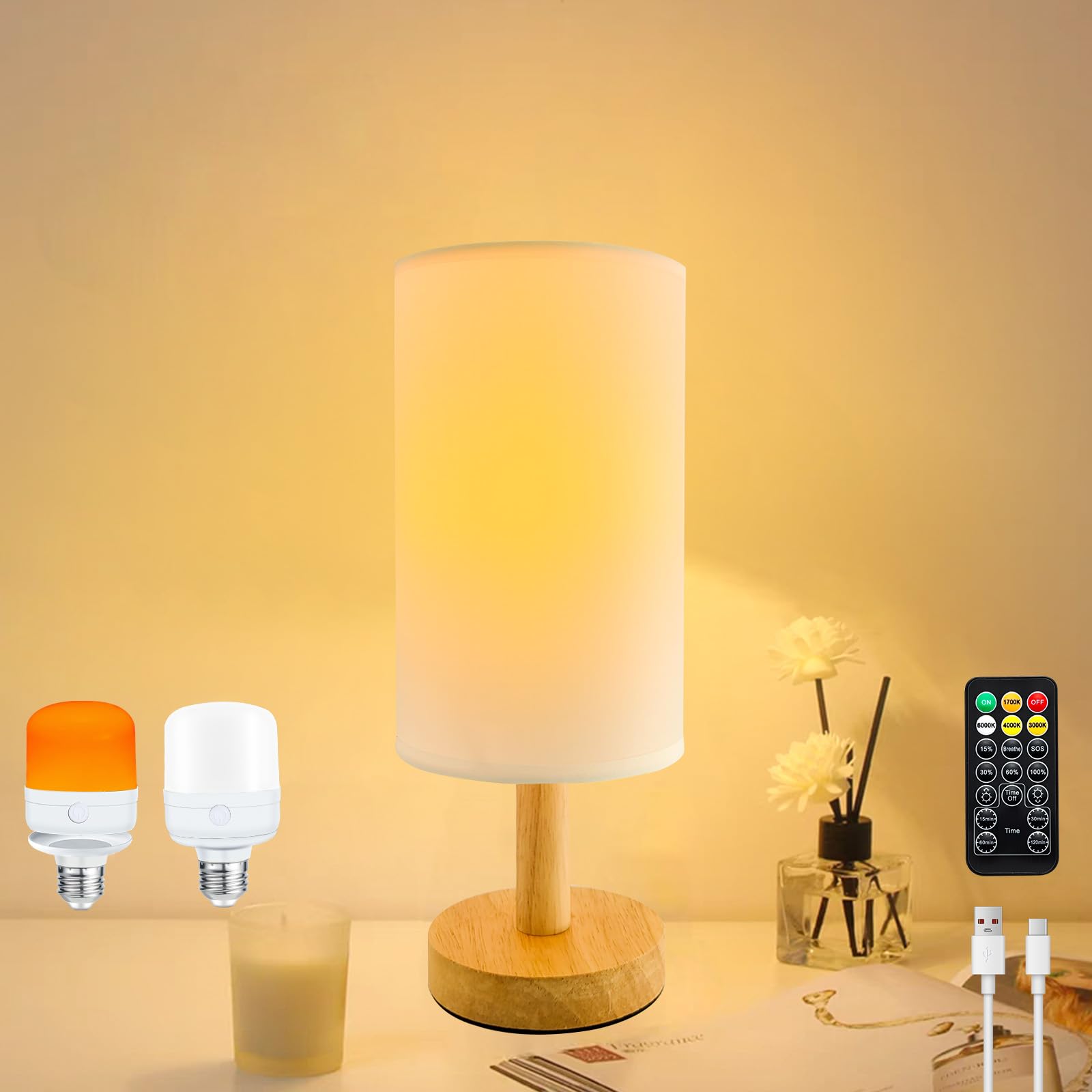Nowlaby Wireless Bedside Table Lamp With 2Pcs E26 Rechargeable Battery Bulb, Remote Control, Dimmable, Timer, Cylindrical Light For Living Room, Bedrooms, Reading, Night Lighting