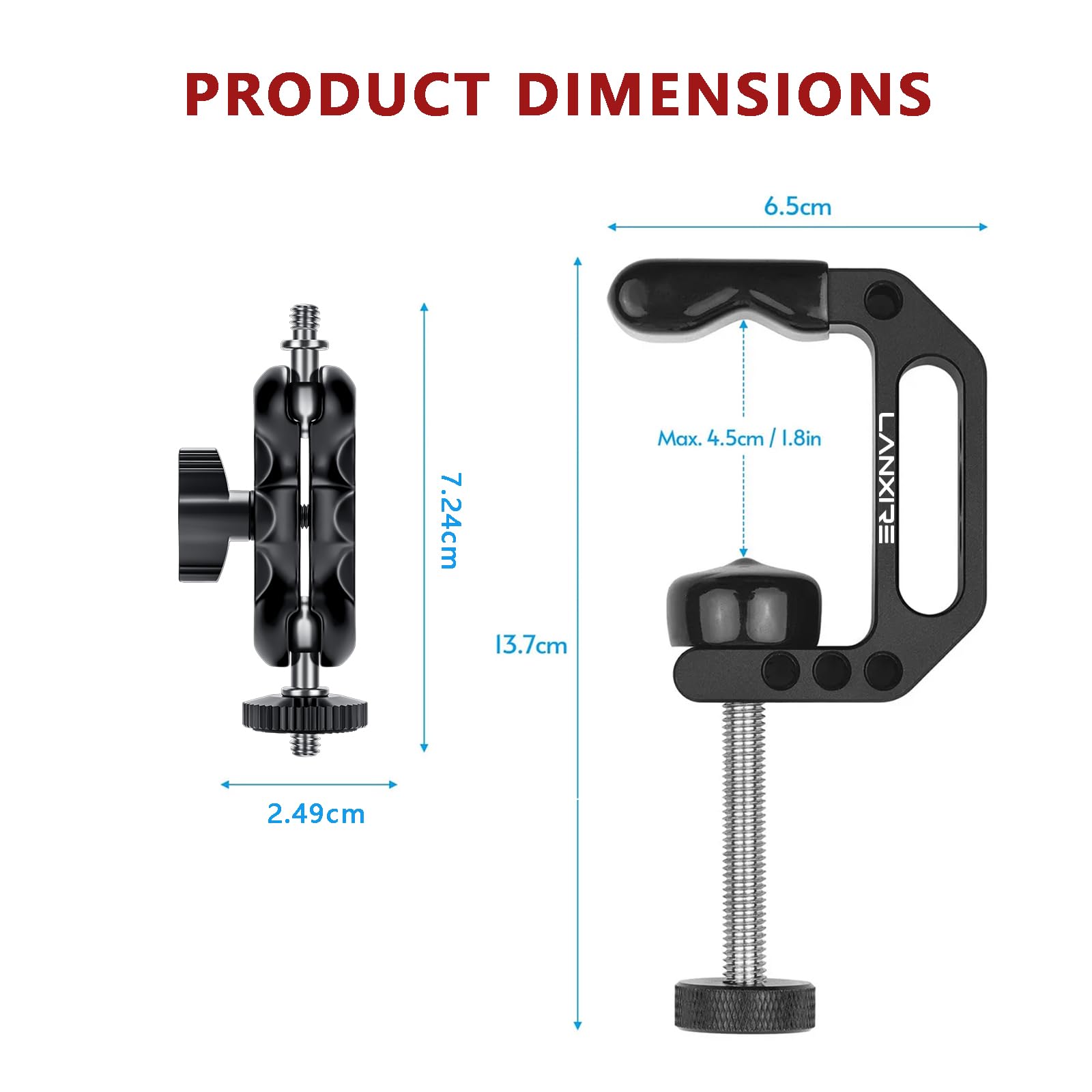 Lanxire Camera Mount Clamp With Mini Magic Arm - 1/4" And 3/8" Threaded Holes - For Camera, Action Camera, Flash, Light, Microphone, Camera Clamp Adapter For Canon, Nikon, Sony, Panasonic, Blackmagic
