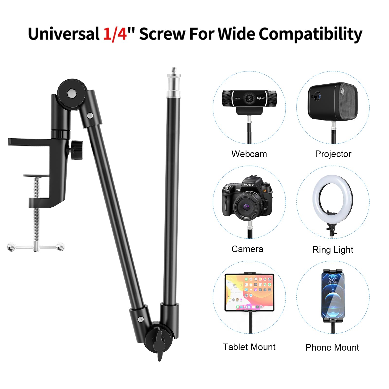 Kdd Tablet Stand Holder, Adjustment Ipad Phone Mount, 27In Long Arm Webcam Stand Projector Camera Mount For Desk, Fit For 4.7"-12.9" Devices, Ipad Pro 12.9 Air Mini, Galaxy Tabs, Switch, Iphone