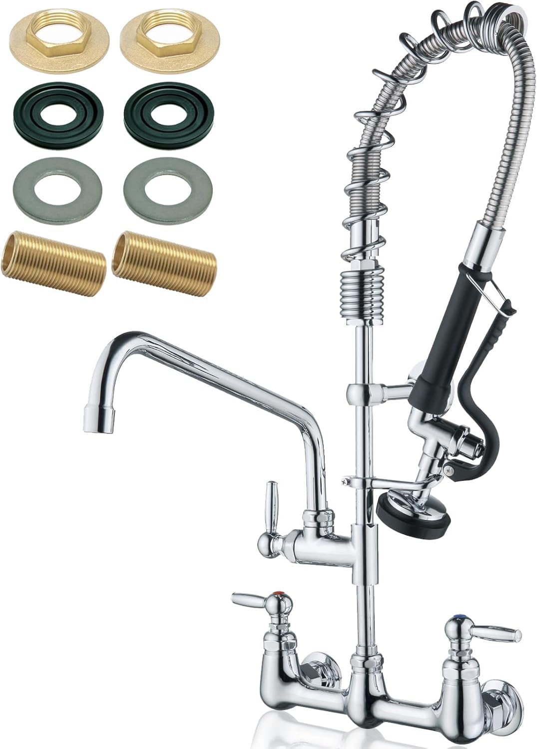 Palukia Commercial Sink Faucet Wall Mount With Sprayer 26" Height, 12" Swing Spout 8" Adjustable Center Wall Mount Faucet With Pull Down Pre-Rinse Sprayer Brass Constructed For 1/2 Compartment Sink