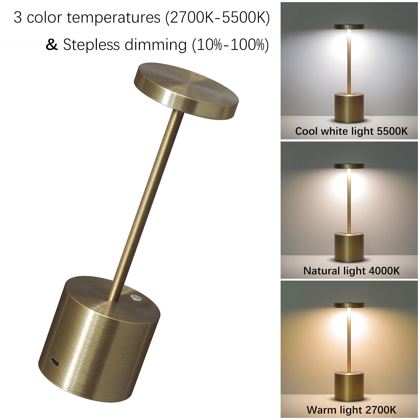 Barryca Cordless Table Lamp Rechargeable, Outdoor Portable Led Battery Operated, Ip54, Dimmable, For Restaurant Outside Dining Bar Patio Party Cocktail (2 Pack Bronze)