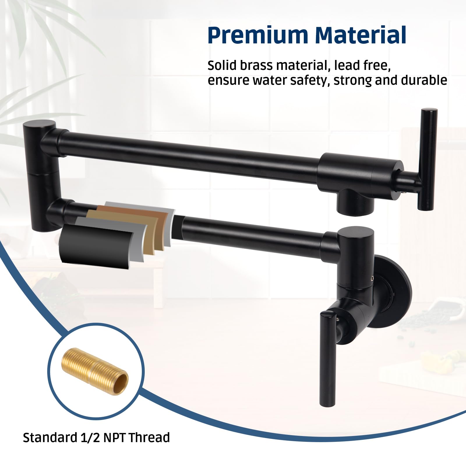 Allkorma 24" Brass Pot Filler Faucet, Wall Mount Over Stove Kitchen Folding Faucet, Pot Fillers For Stove, 2 Handles With Double Joint Swing Arms, Matte Black