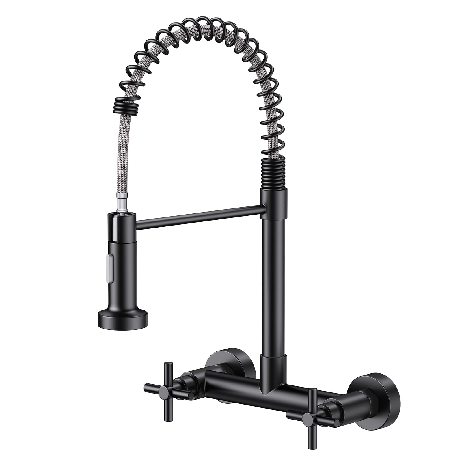 Hurran Wall Mount Kitchen Faucet, Matte Black Kitchen Sink Faucet, 8 Inch 2 Handle Wall Mount Commercial Sink Faucet With Pull Down Sprayer For Kitchen Laundry Room Restaurant