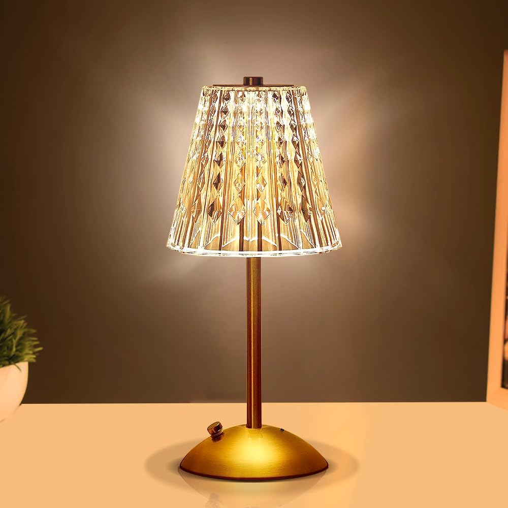 Hpufkot Portable Crystal Metal Desk Lamp,3-Color Touch Control, Rechargeable Battery - Ideal Bedside Lamp For Bedroom Nightstand (Metal Gold)