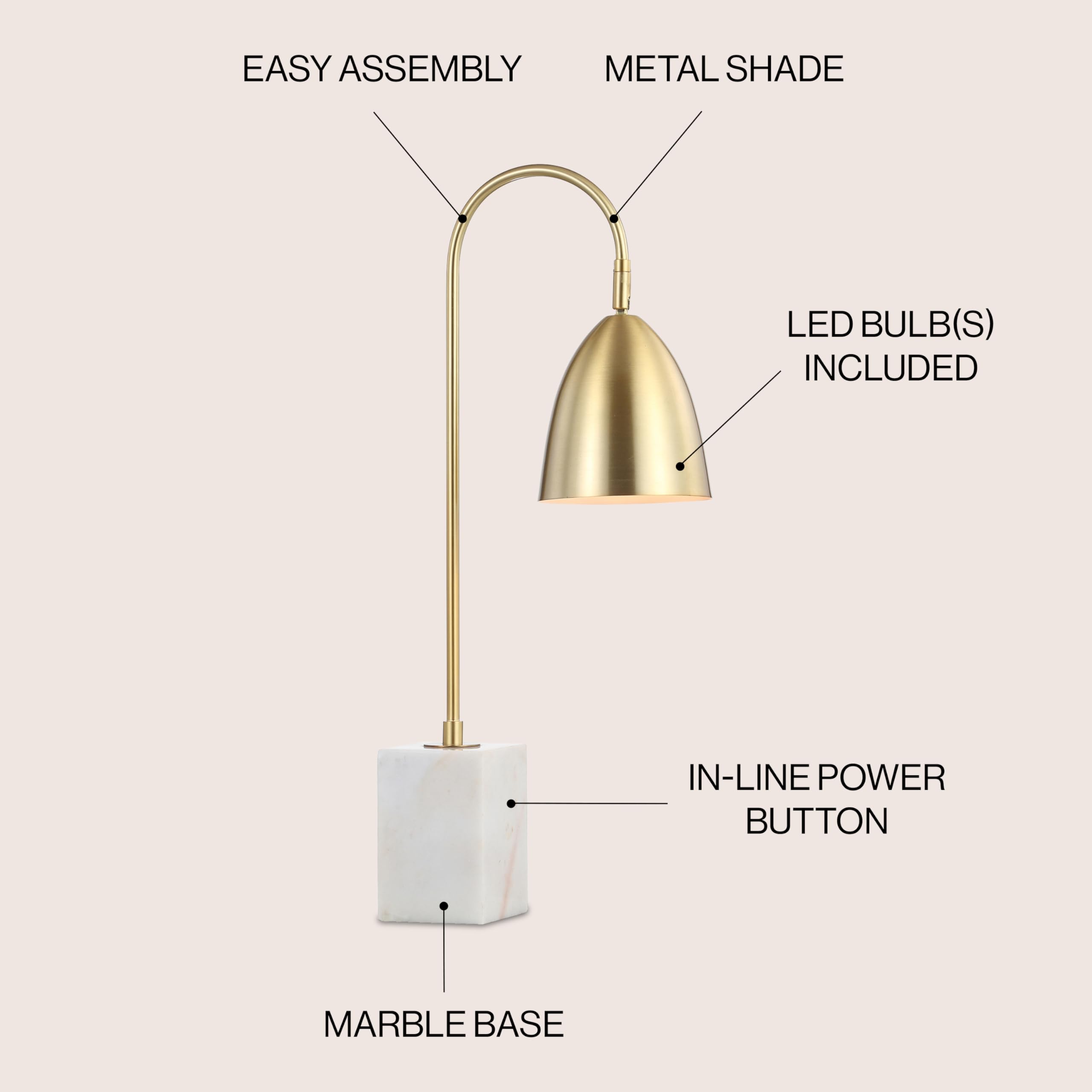 Jonathan Y Jyl1092A Ana 26" Gold Arched Metal With Marble Base Led Table Lamp Classic Glam Bedside Desk Nightstand Lamp For Bedroom Living Room Office College Bookcase, Brass Gold/White