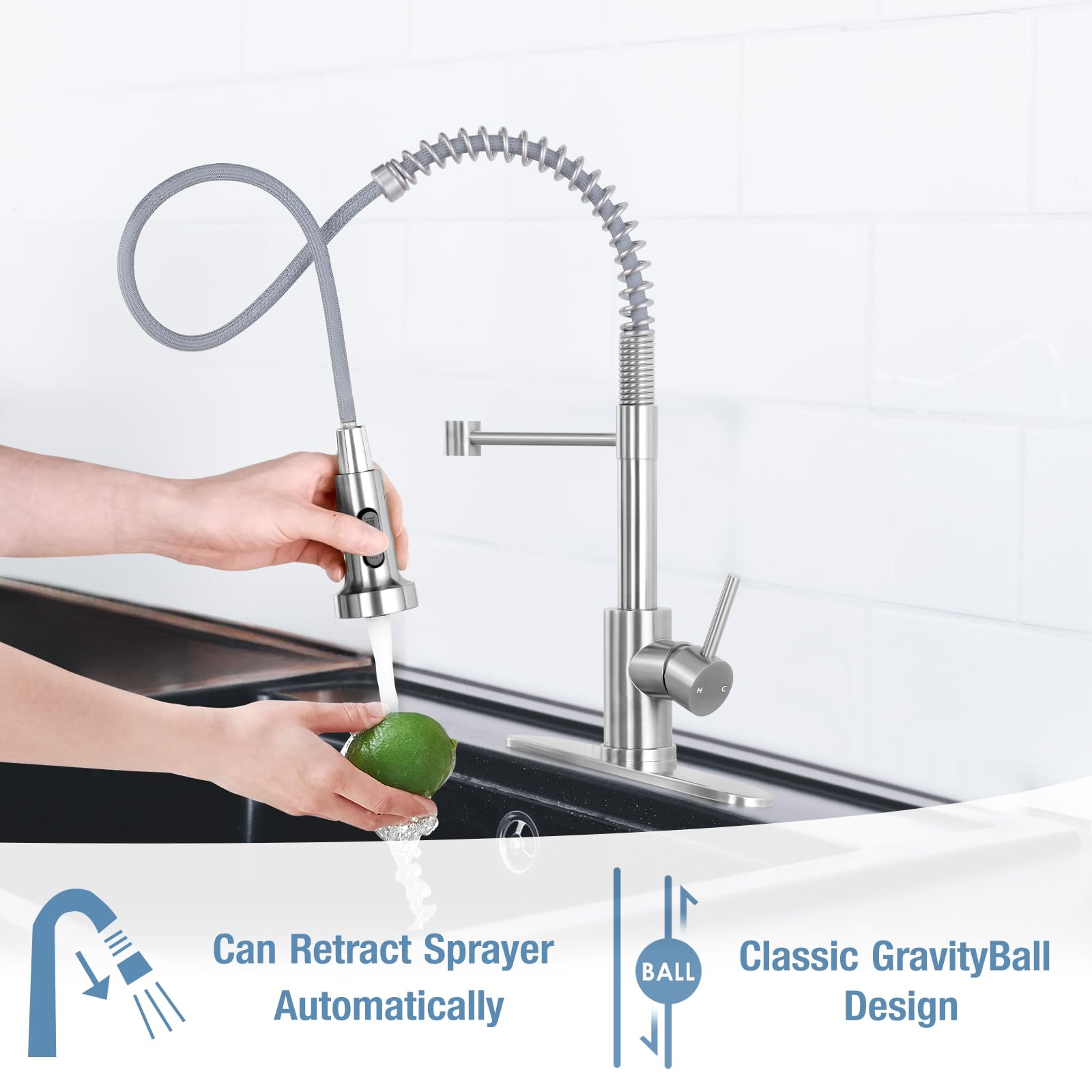 Djs Kitchen Faucets With Pull Down Sprayer Brushed Nickel -Single Handle 1 Or 3 Holes Spring Kitchen Sink Faucet With Deck Plate For Farmhouse Rv Vessel Basin