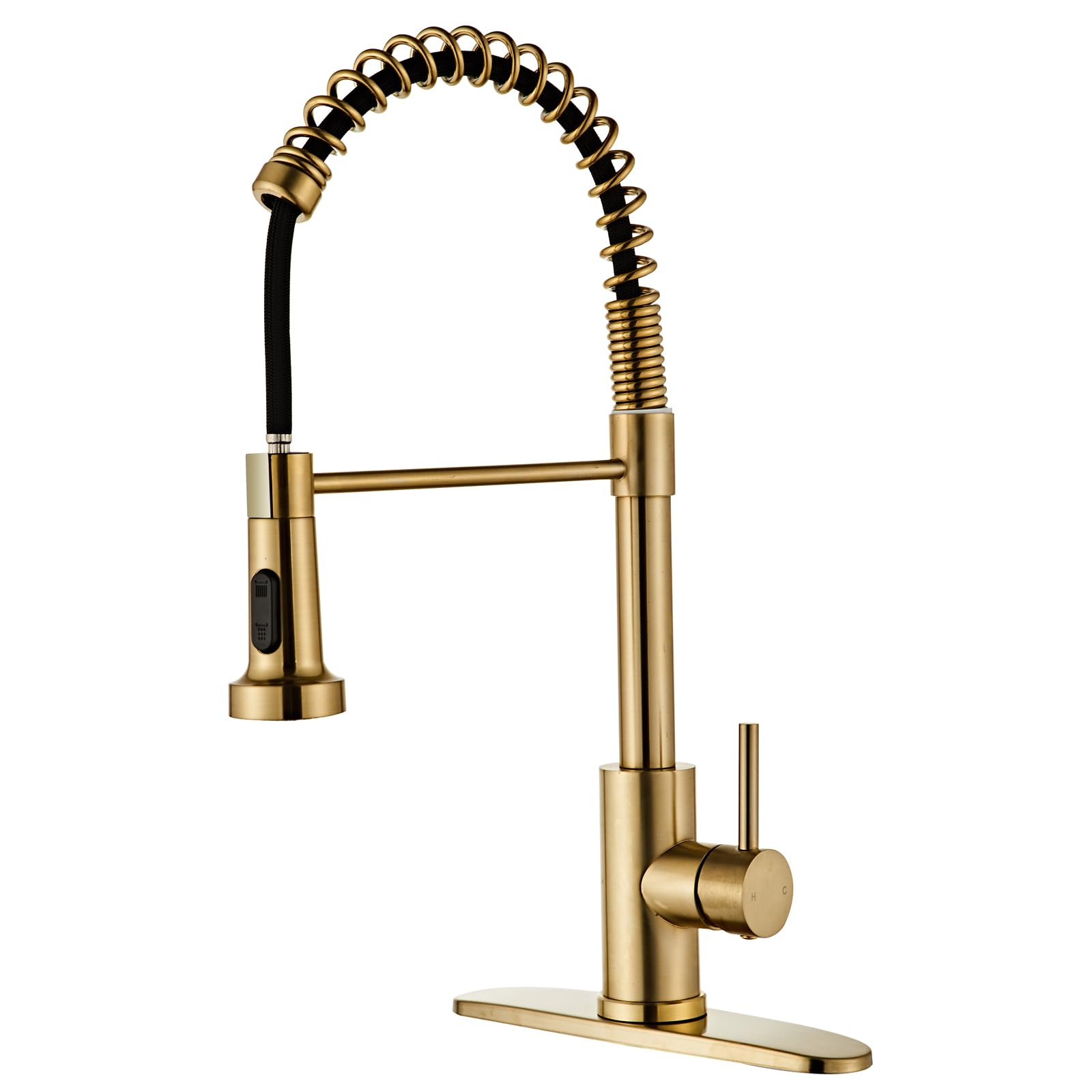 Louevido Brushed Gold Kitchen Faucet With Pull Down Sprayer, Rv Brass Kitchen Faucet Stainless Steel Single Handle Spring Faucet With Deck Plate For Farmhouse Utility Bar Laundry Sinks,Grifos De Cocina