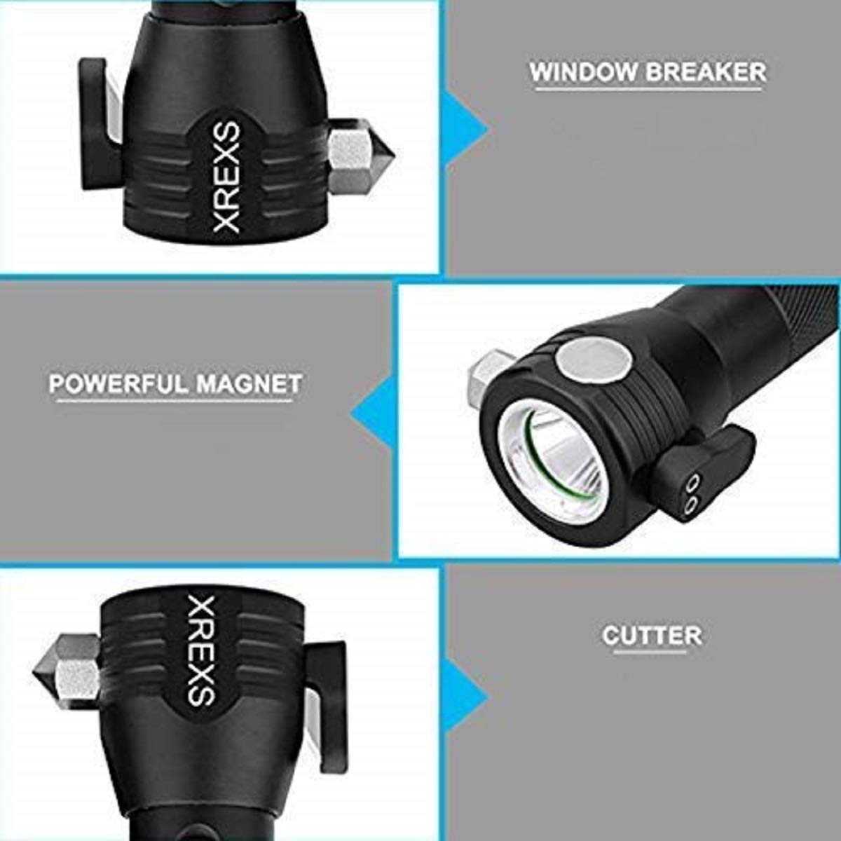 Xrexs Solar Powered Led Car Flashlight Multi-Function Solar Escape Rescue Flashlight, Usb Charger And Solar Charger, Portable Flashlight For Hiking, Camping, Traveling