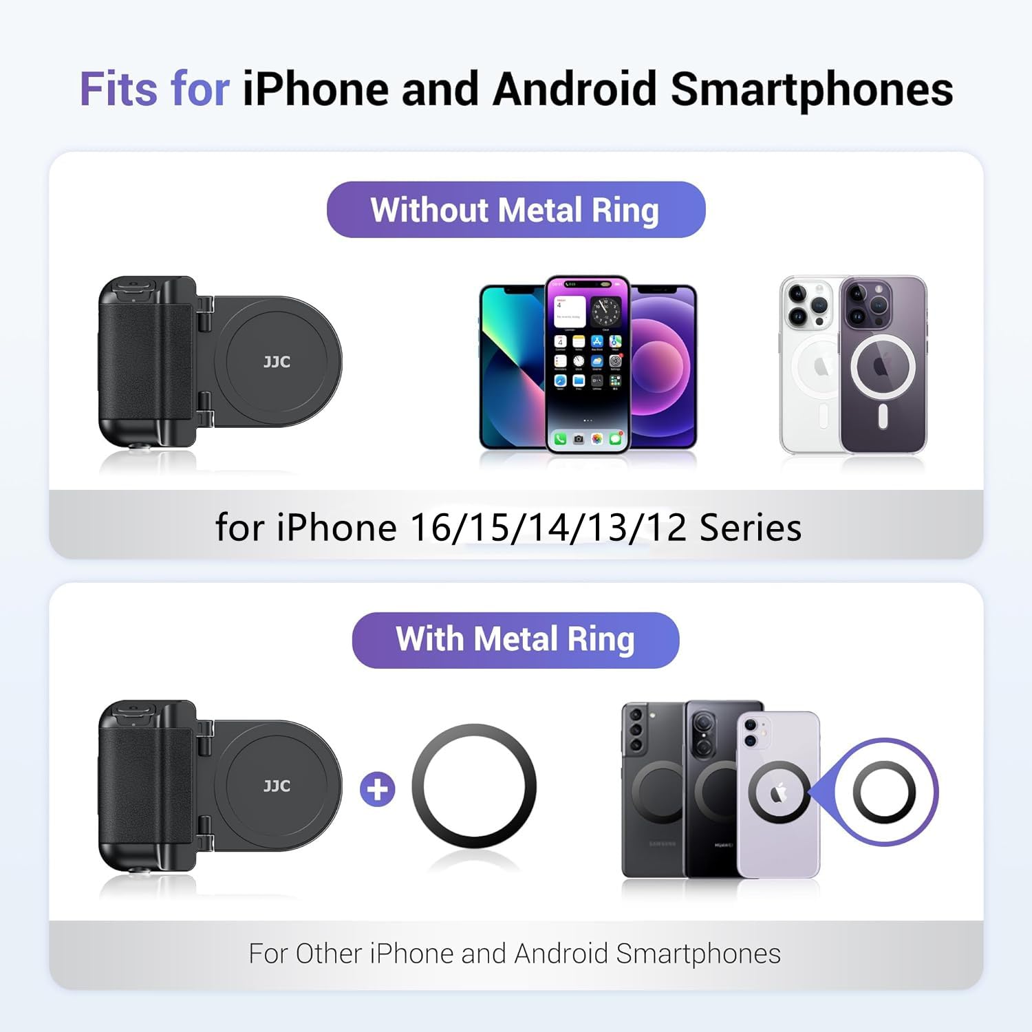 Kiorafoto Magnetic Smartphone Shooting Holder Hand Grip Handle Snap On Phone Stand With Tripod Mount & Wireless Shutter Remote For Iphone 16 15 14 13 12 Pro Max Android Vlog Video Photography - White