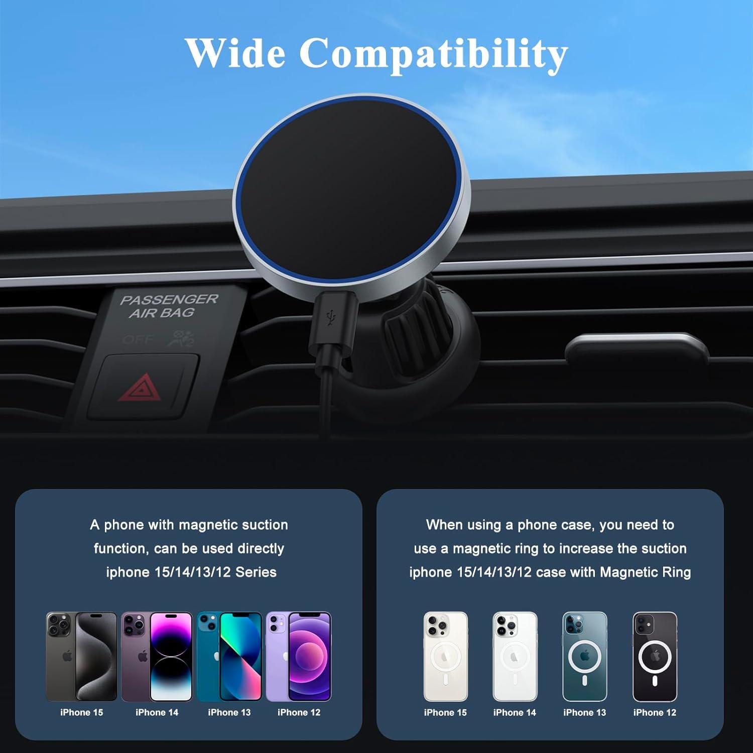 Vancle For Magsafe Car Mount Charger, 15W Fast Charging Magnetic Wireless Car Charger, Air Vent/Dashboard Phone Holder Mount For Iphone 15/14/13/12