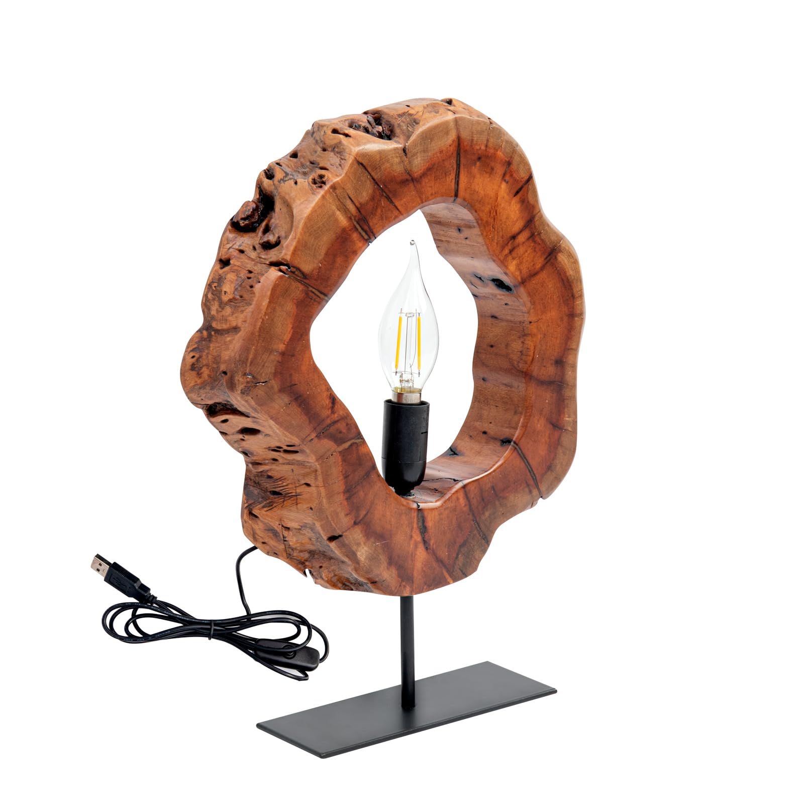 Laptain Wood Table Lamp, Irregular Jujube Tree Wooden Bedside Lamp, Creative Home Decor Table Lamp, Bedside Night Light For Bedroom, Living Room, E12, On-Off Button, Iron Base