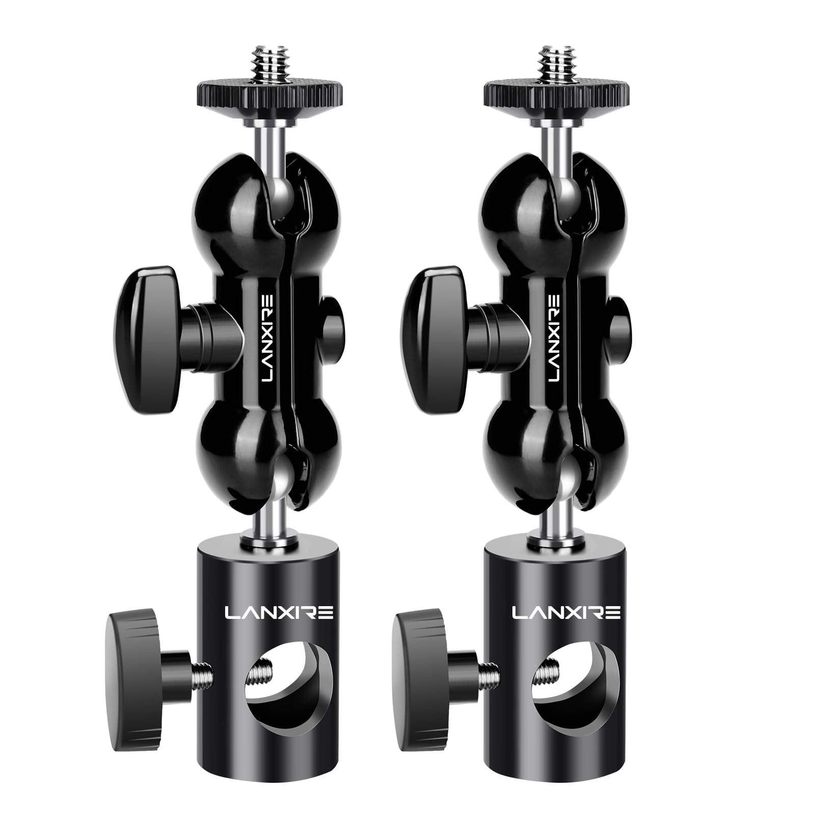 Lanxire Light Stand Mount Adapter (2 Packs) With Double Ball Head - Compatible With Ring Light, Led Lights, Monitors, Flashes & Microphones - Max Load 4.4Lb/2Kg - 1/4" Screw Cool Ball Head