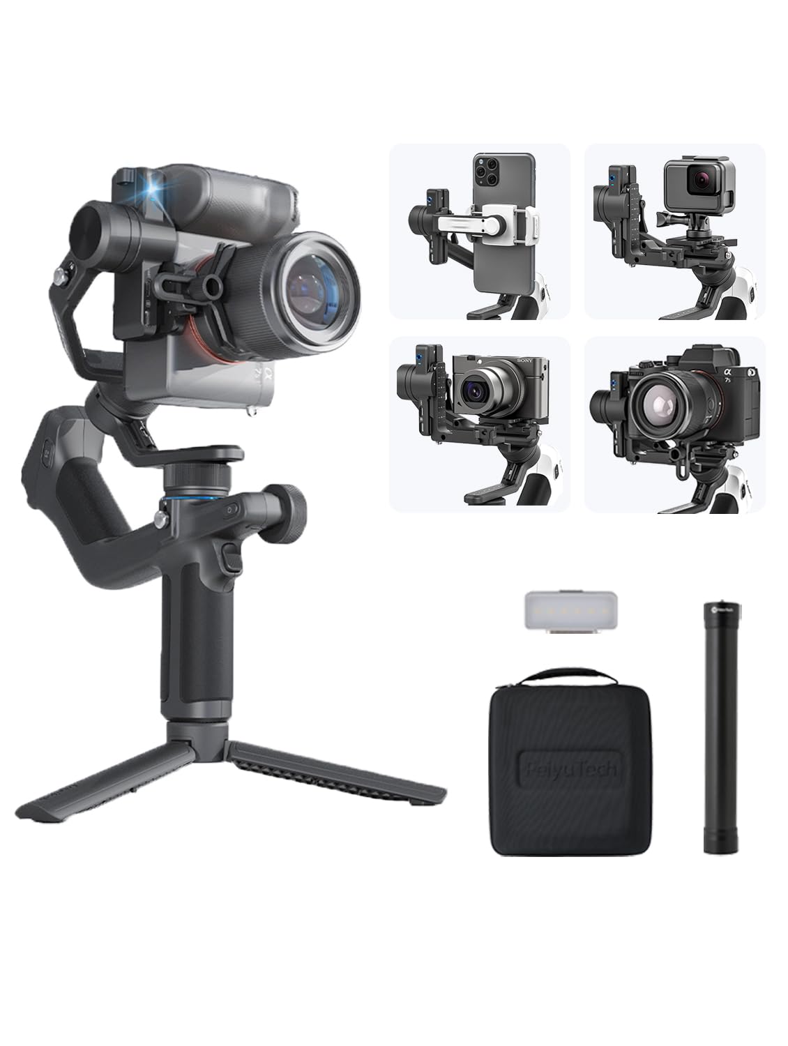 Feiyutech Scorp Mini-2 Combo:Portable Bag+11''Carbon Fiber Pole+Fill Light,All In One 3-Axis Camera Stabilizer,Built-In Ai Tracker Handheld Gimbal For Mirrorless Camera,Gopro,Smartphone (Black)