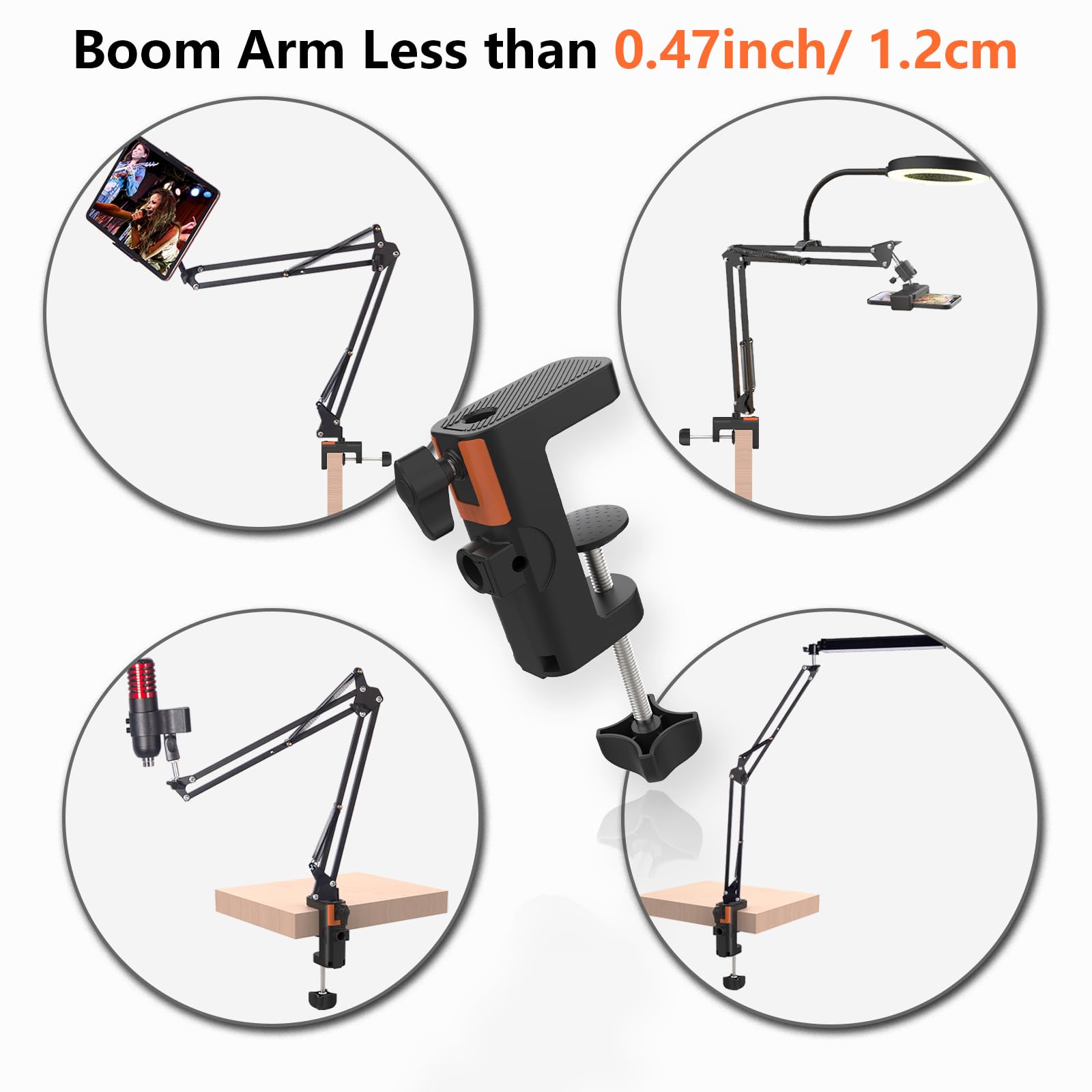 Lilanzo Table Clamp Mount For Microphone Stand, 2-In-1 Mic Boom Arm Clamp Table C Clip For Desktop Overhead Camera Tripod Mic Stand Lamp Base, Fits Up To 2.56 Inch 6.5Cm Desktop Thickness, 1 Pcs