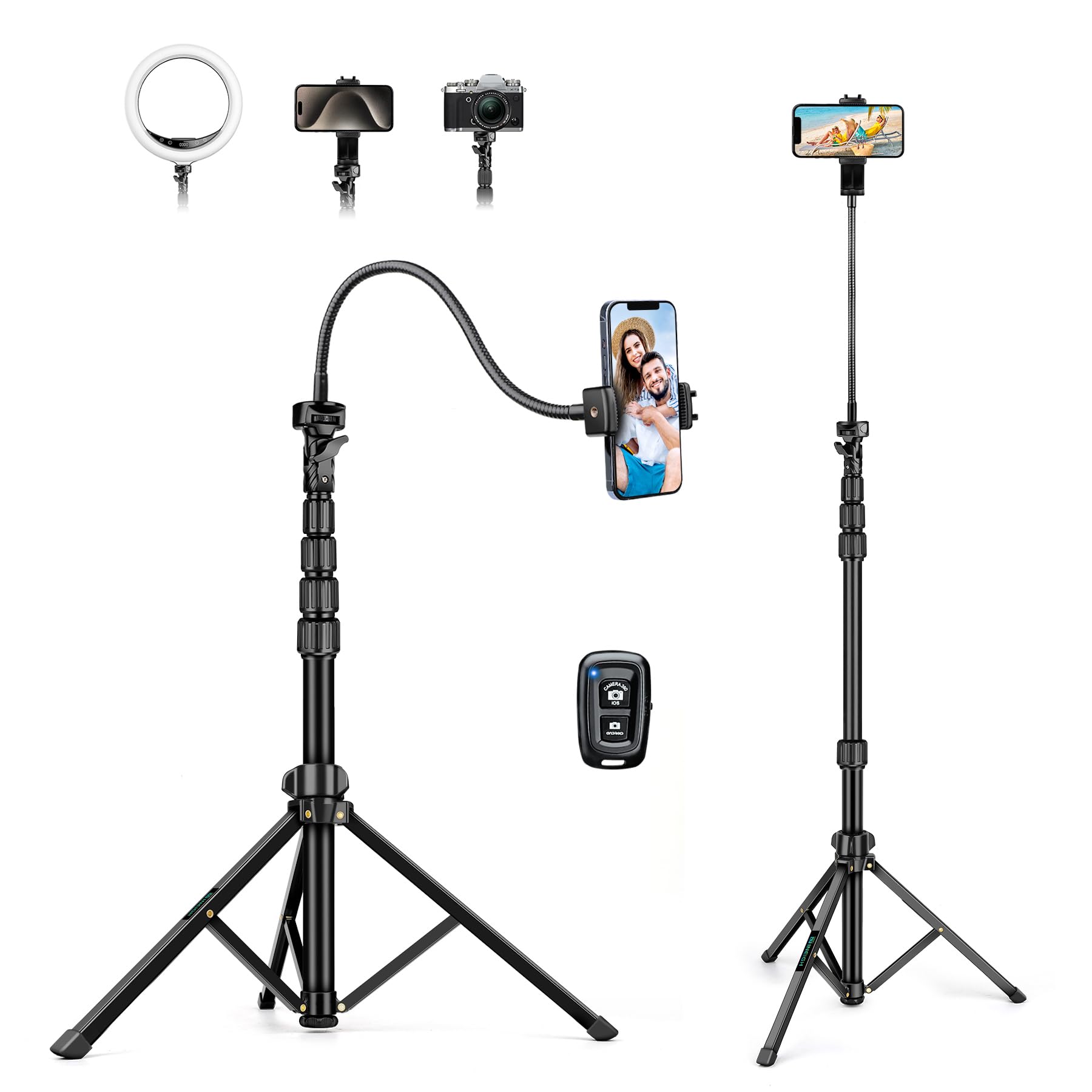 Nineigh 88" Tripod For Iphone, Phone Tripod With Gooseneck And Remote, Portable Cell Phone Tripod Compatible With Smartphone/Camera/Gopro, Iphone Tripod Stand For Video Recording Selfies Vlogging