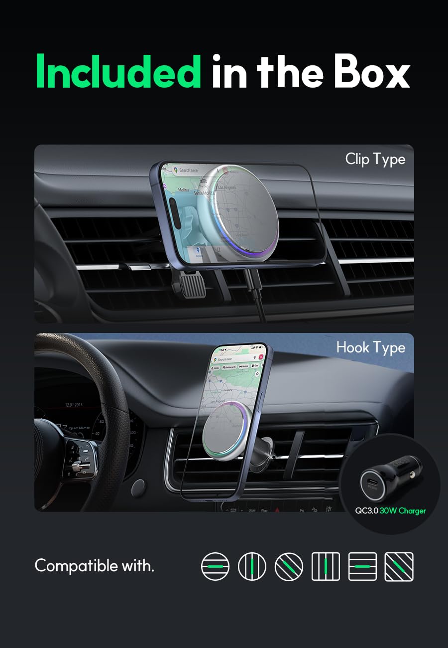 Carple Qi2- 15W The Mount Magsafe Car Mount Charger, Full Aluminum Body Air Vent Clip And 15W Adapter Included For Iphone 16/15/14/13/12 (Space Gray)