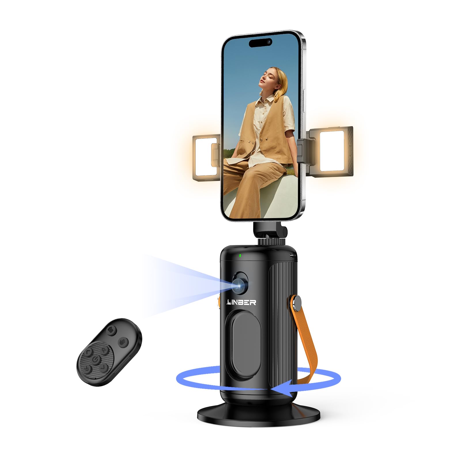 Linber P08 Auto Face Tracking Phone Holder, No App, 360°Rotation Phone Tracking Gimbal With Detachable Remote & 2 Fill Light, Phone Stand Gesture Control For Vlogging, Live Streaming, Video Recording