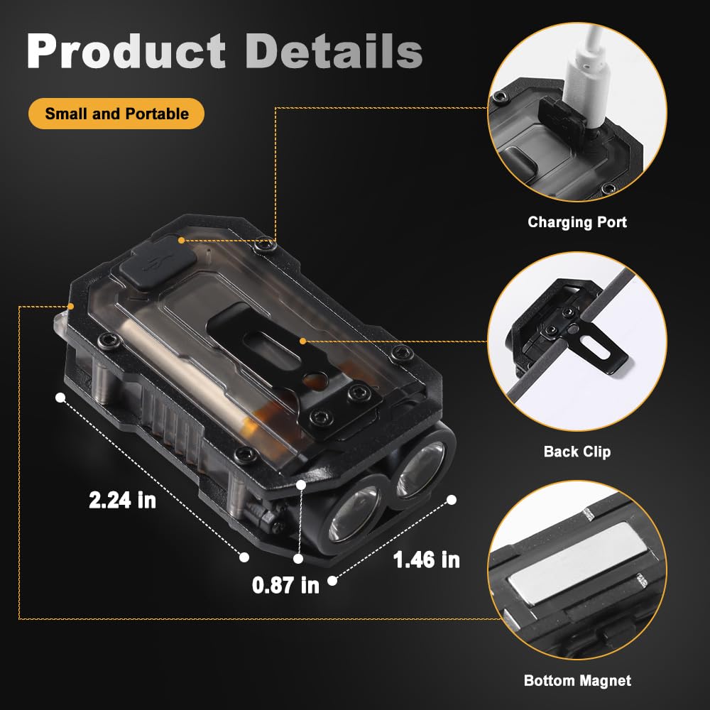 Stvono Mini Edc Flashlight, Small Powerful Keychain Flashlight With Sidelight, High Lumens 800Lm, Usb-C Rechargeable, Keychain Light With Clip - 8 Mode, Ipx4 Waterproof, For Hiking, Running, Black