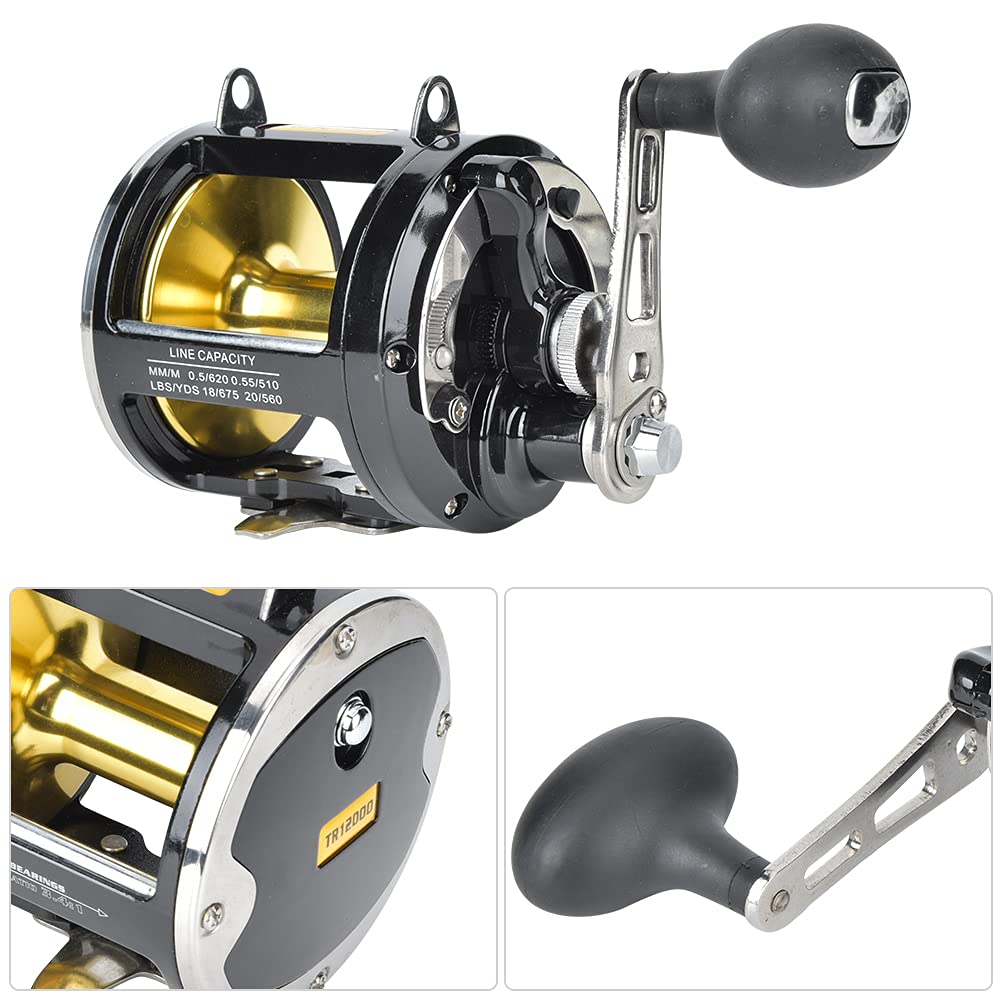 Vbestlife Tr12000 All Metal Trolling Fishing Reel, High-Strength Bearings, Strong Body, Farther Throwing Distance, Carbon Fiber Brake Washer, Black, Ambidextrous, 55 Pounds Drag