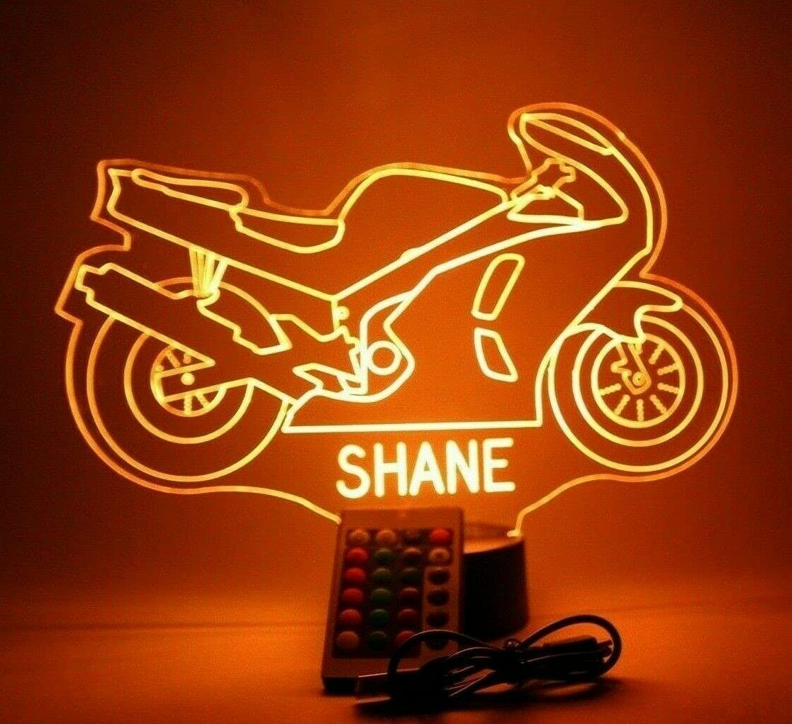 Mirror Mania Motorcycle Night Light Up Table Desk Lamp Led Personalized Engraved Cycle Motorbike Bike Biker - It'S Wow, With Remote, 16 Color Options, Cord, Stand, Dimmer, Great