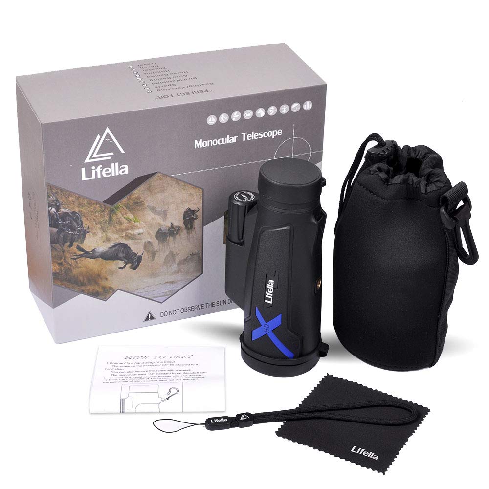 Lifella 12X50 High-Power Monocular Telescope With Portable Bag - Ideal For Bird Watching, Hunting, Hiking, Camping - Large Vision With Bak4 Prism And Fmc Lens Technology, Black