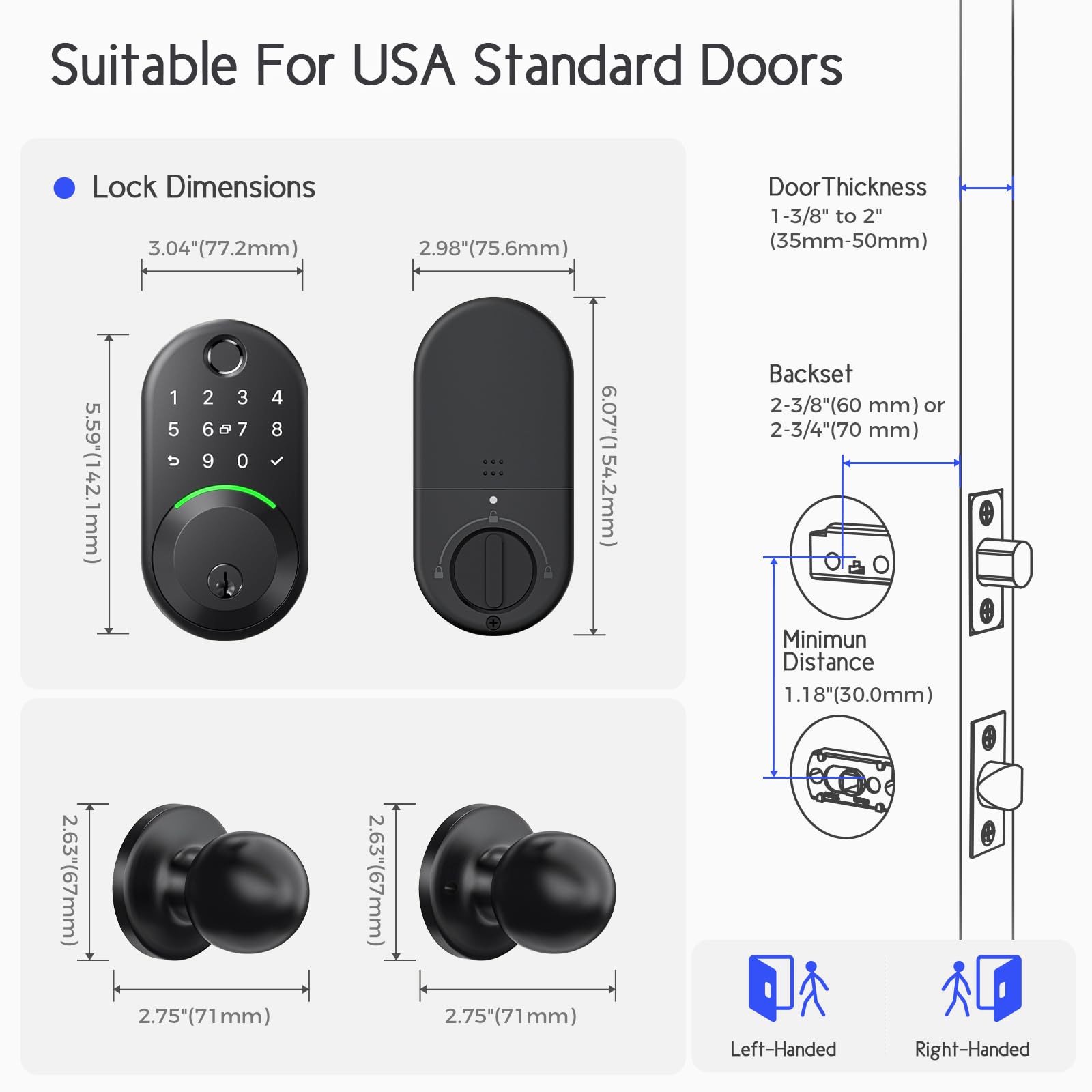 Wisegear Keypad Smart Lock With Knob Set,Keyless Entry Door Lock Deadbolt With Handle,Front Door Lock Set,Fingerprint Door Lock For Front Door,Electronic Code Deadbolt, Matte Black
