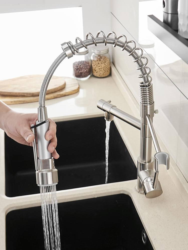 Owofan Kitchen Sink Faucet With Pull Down Sprayer, Contemporary Stainless Steel Single Handle Spring Kitchen Faucets Two Outlet With Deck Plate Brushed Nickel