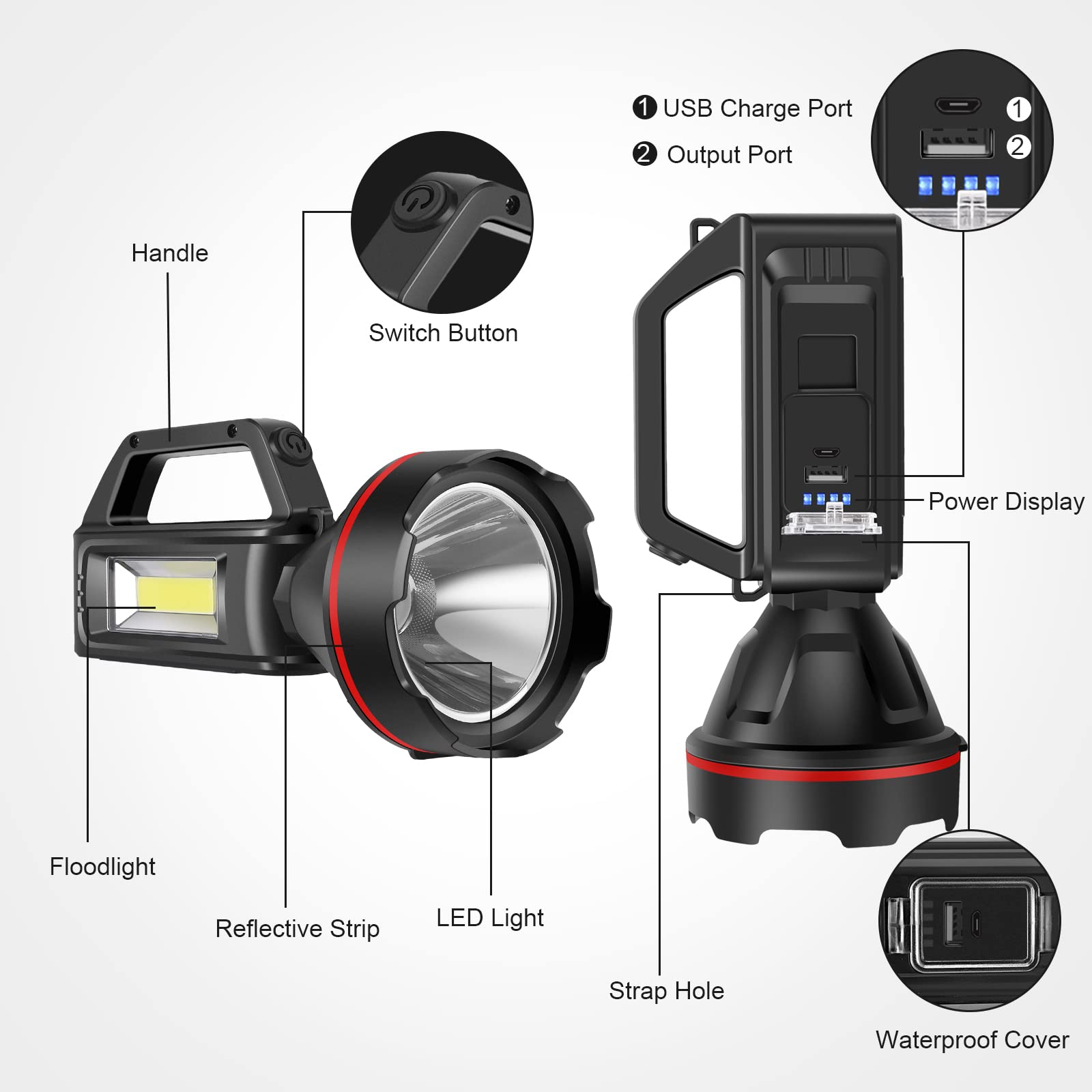 Sunpro Rechargeable Spotlight Flashlight, High Lumens Handheld Spotlight,Led Searchlight With Shoulder Strap And Usb Output For During Hurricane,Emergency, Storms, Outages,Hunting, Hiking, Camping(Black1)